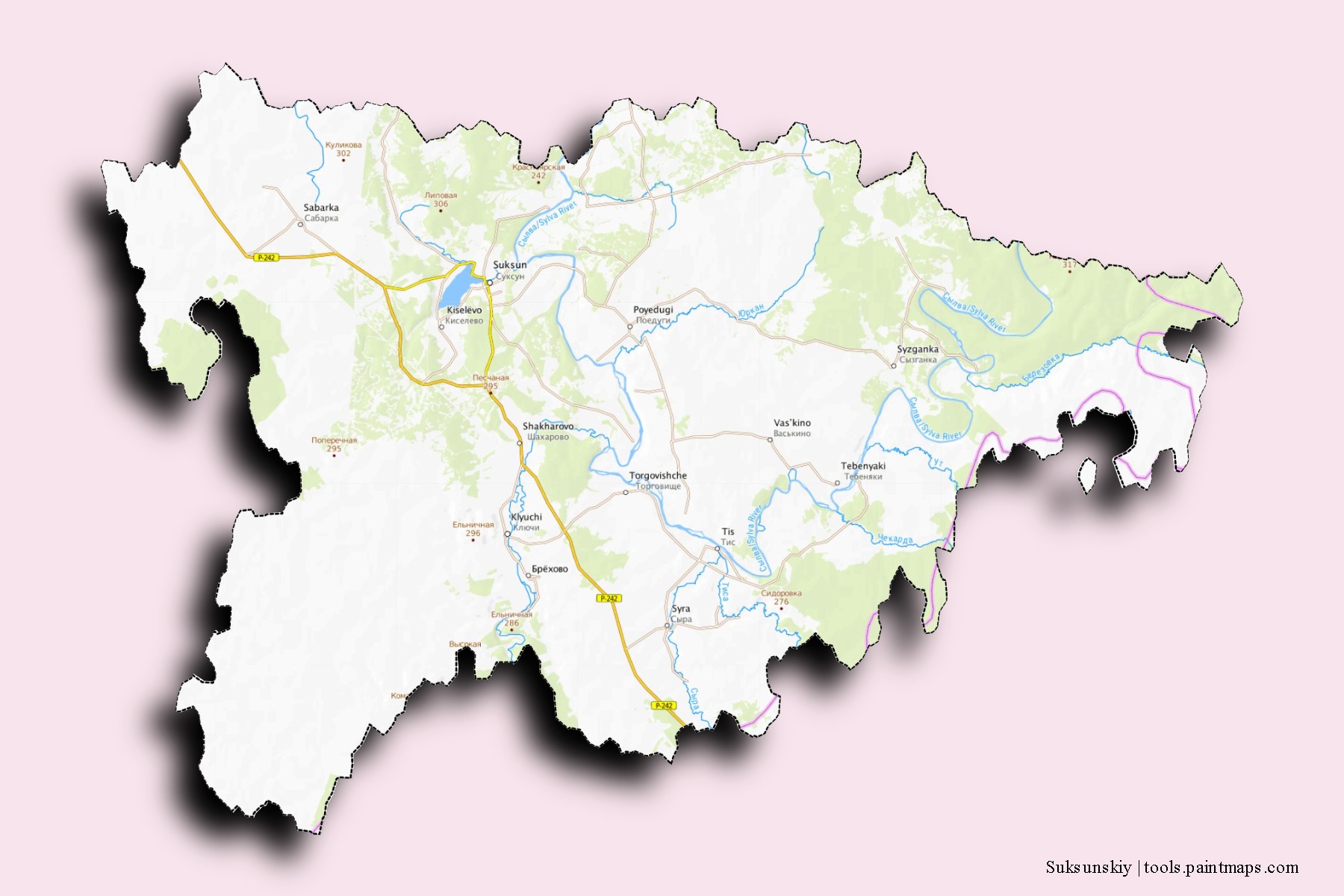 Suksunskiy neighborhoods and villages map with 3D shadow effect