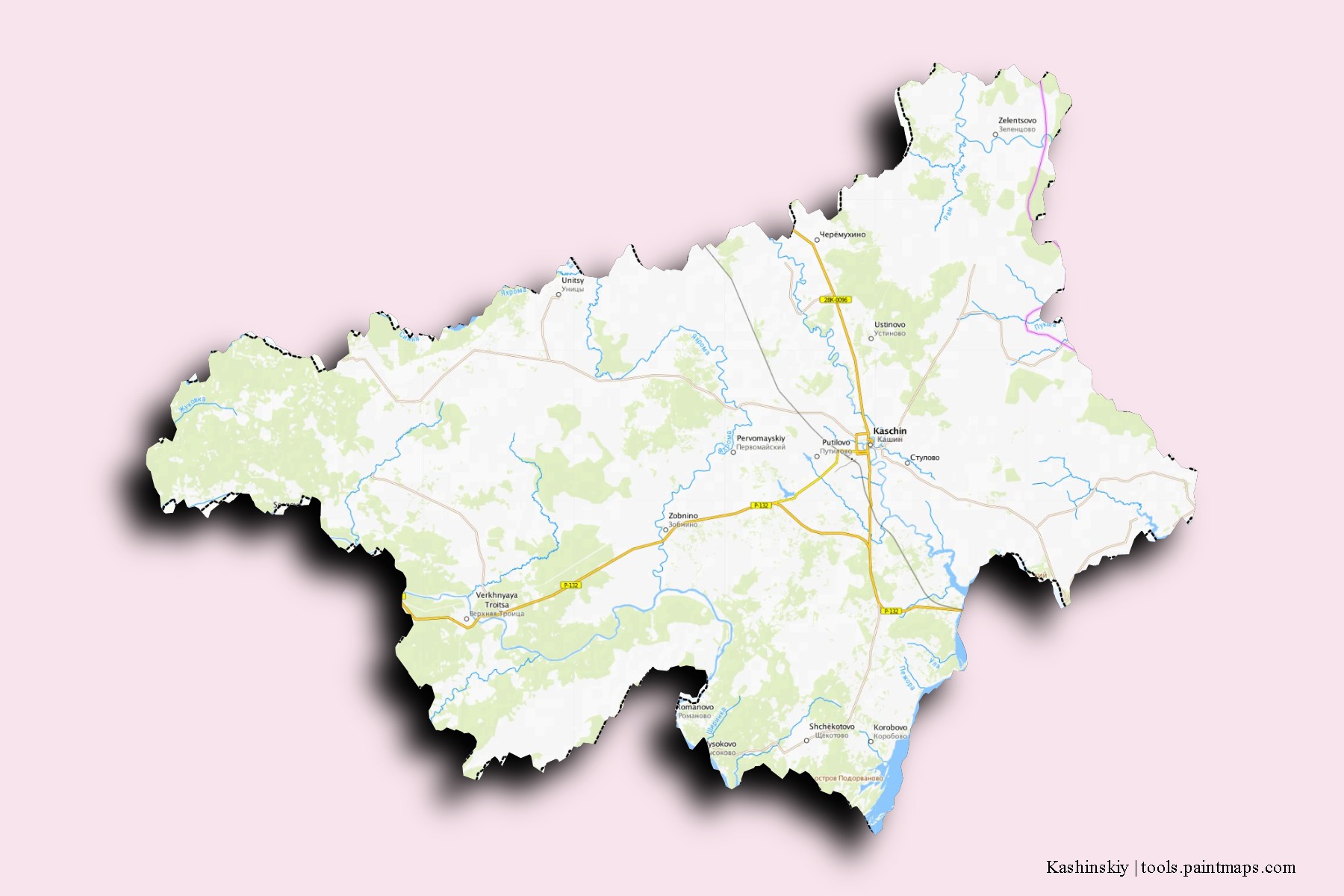 Mapa de barrios y pueblos de Kashinskiy con efecto de sombra 3D