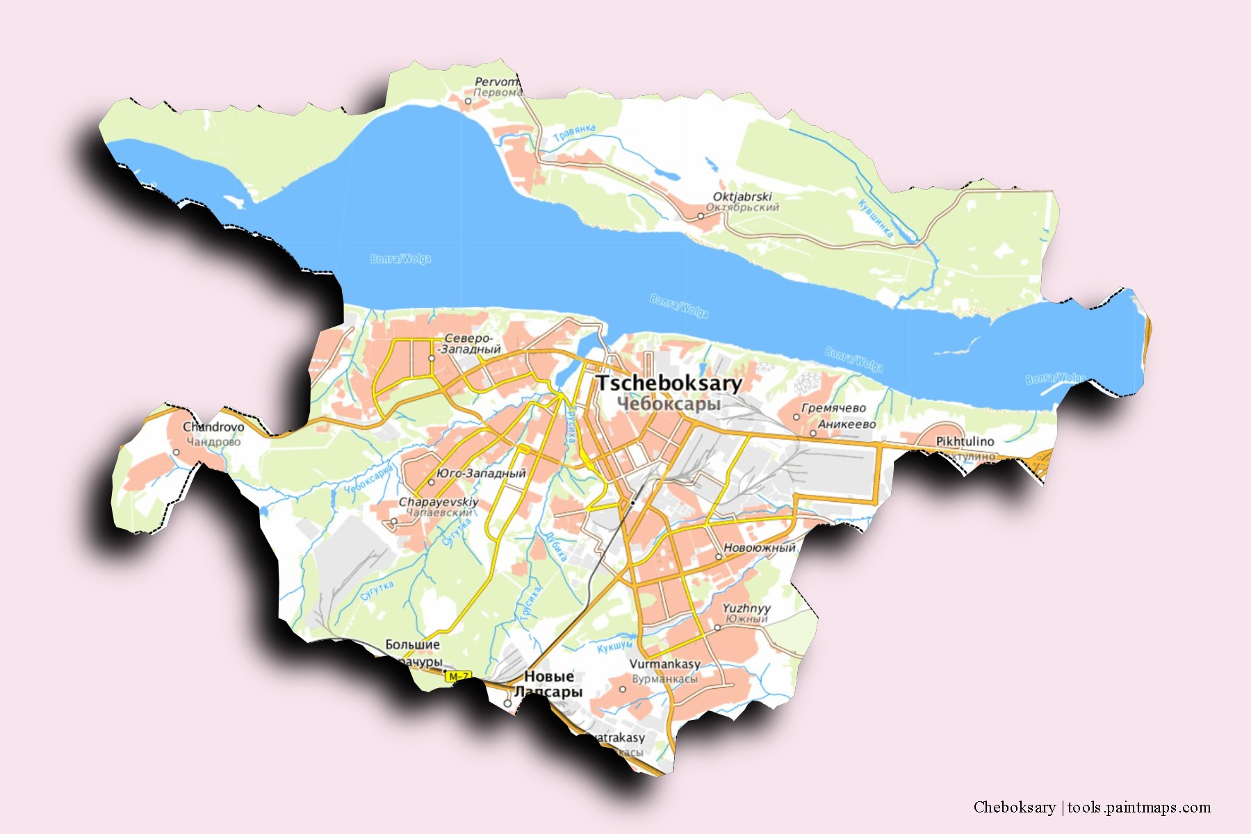 Mapa de barrios y pueblos de Cheboksary con efecto de sombra 3D