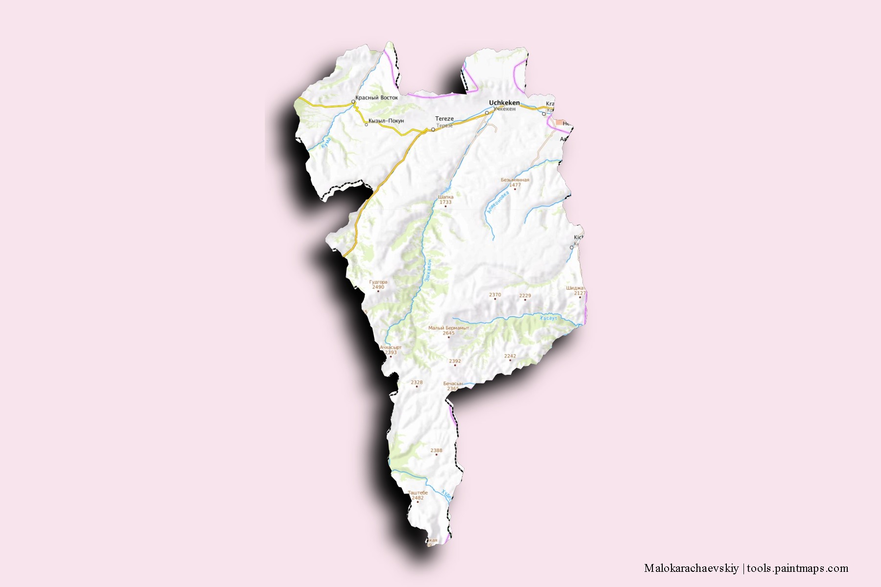 Mapa de barrios y pueblos de Malokarachaevskiy con efecto de sombra 3D