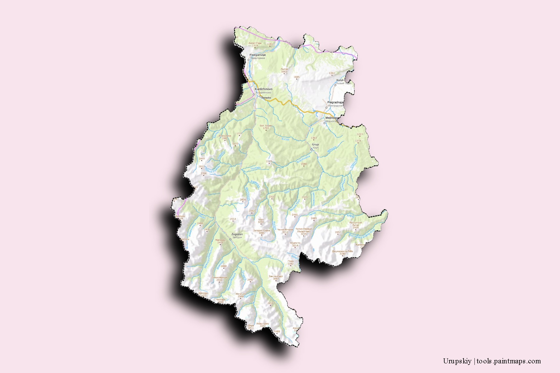 Mapa de barrios y pueblos de Urupskiy con efecto de sombra 3D