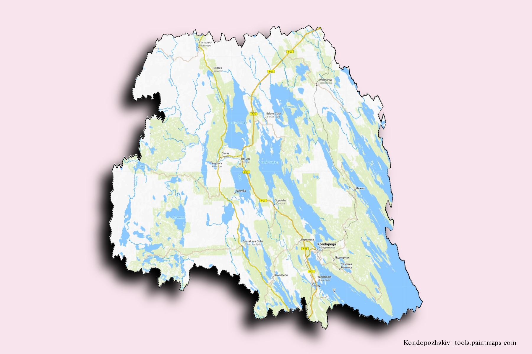 Mapa de barrios y pueblos de Kondopozhskiy con efecto de sombra 3D