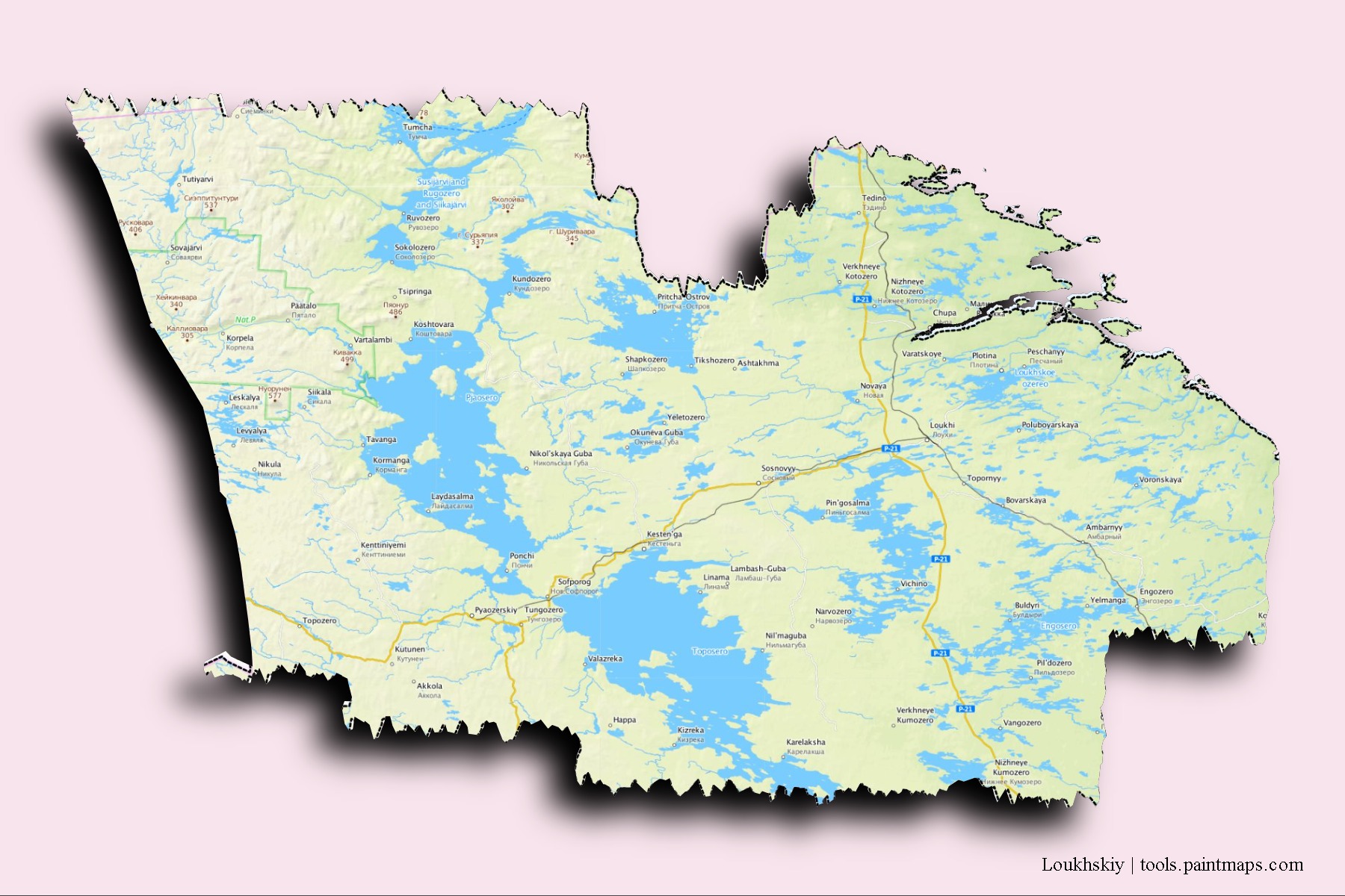 Loukhskiy neighborhoods and villages map with 3D shadow effect