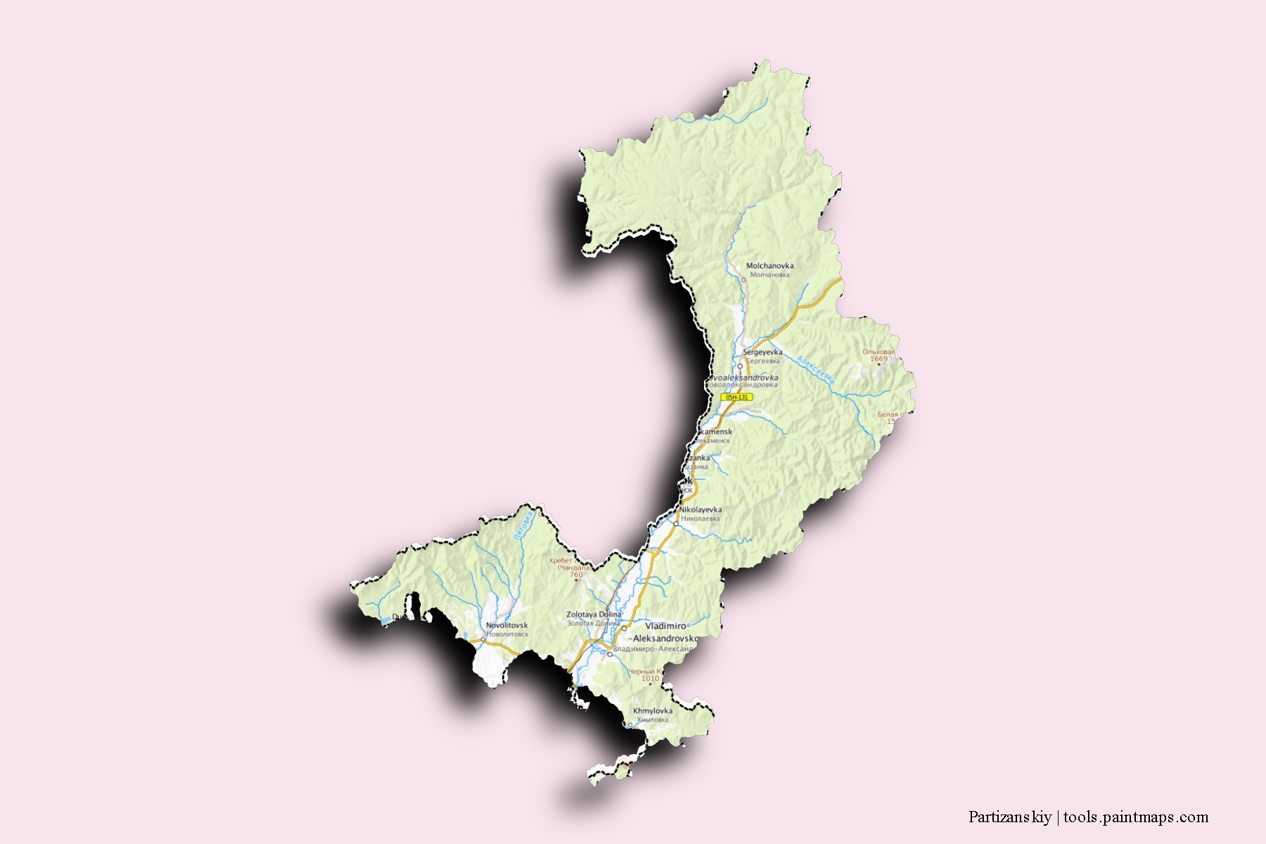 Mapa de barrios y pueblos de Partizanskiy con efecto de sombra 3D