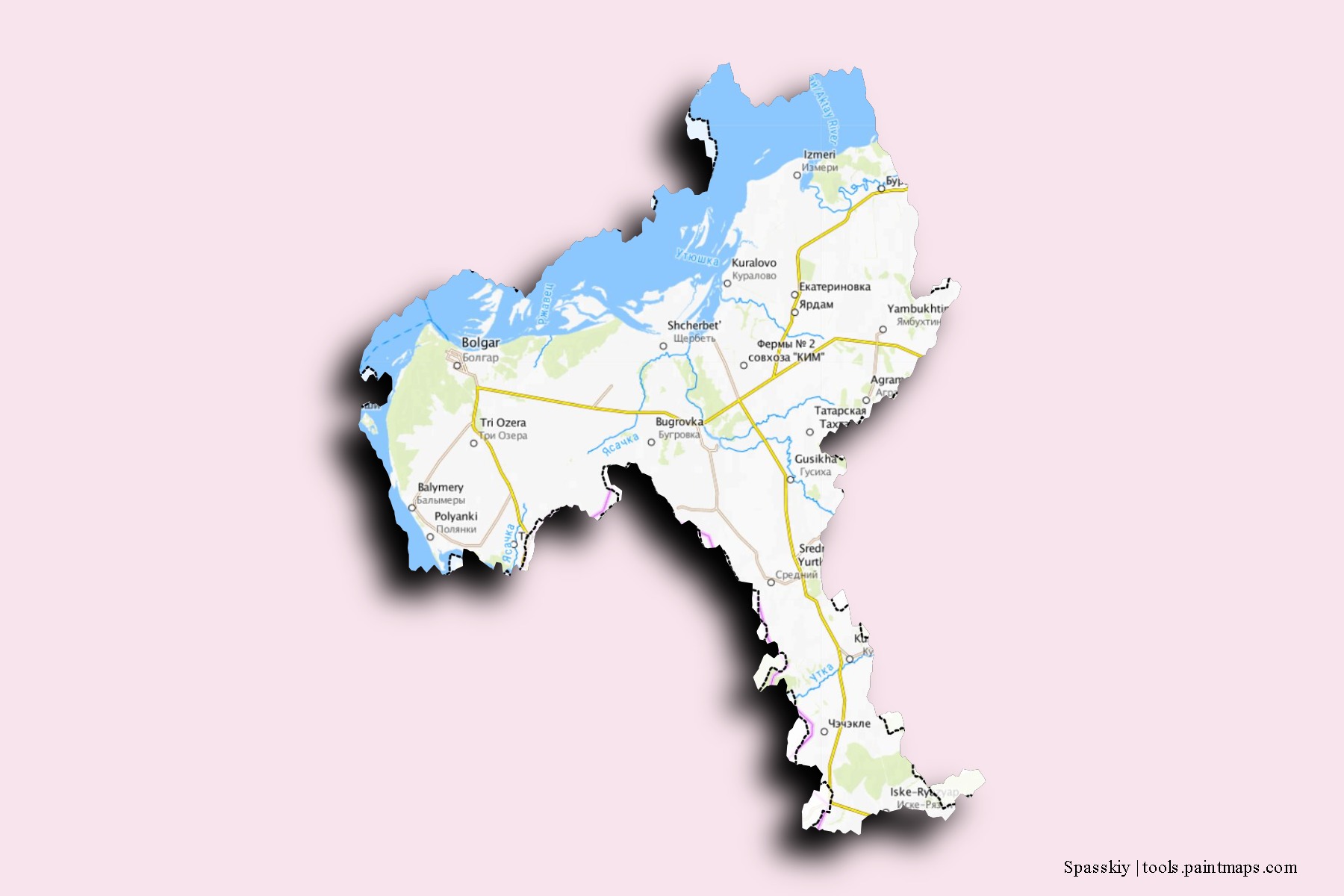 Spasskiy neighborhoods and villages map with 3D shadow effect