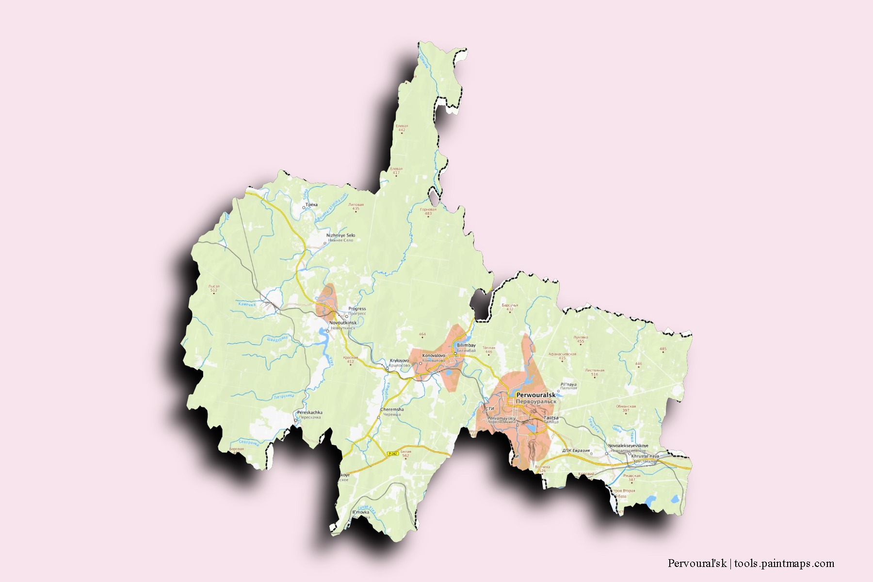 Pervoural'sk neighborhoods and villages map with 3D shadow effect