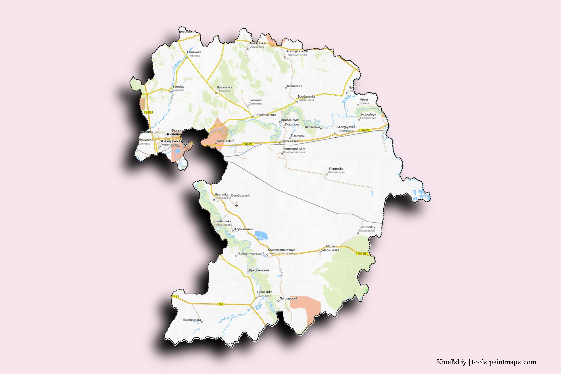 Kinel'skiy neighborhoods and villages map with 3D shadow effect