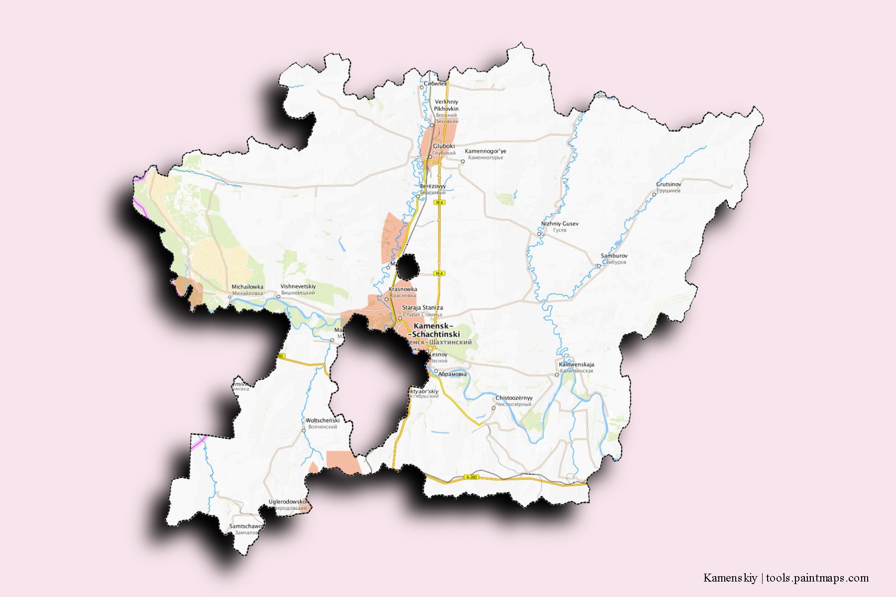 Mapa de barrios y pueblos de Kamenskiy con efecto de sombra 3D