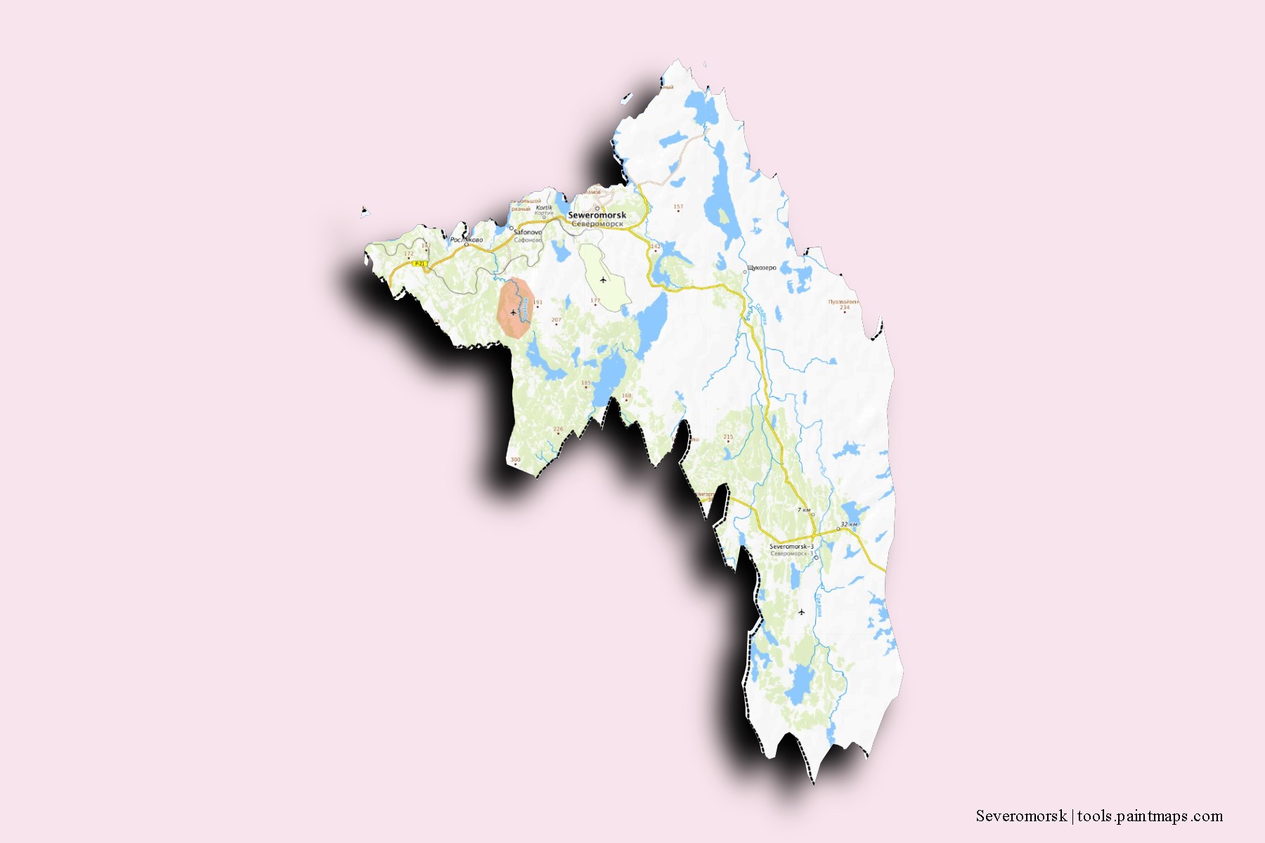 Mapa de barrios y pueblos de Severomorsk con efecto de sombra 3D