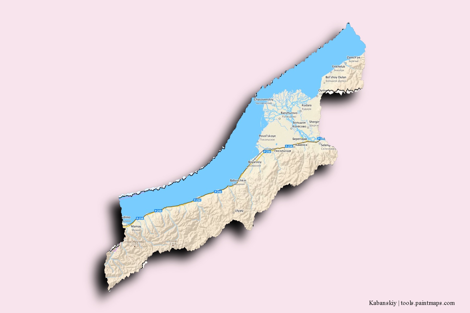 Mapa de barrios y pueblos de Kabanskiy con efecto de sombra 3D