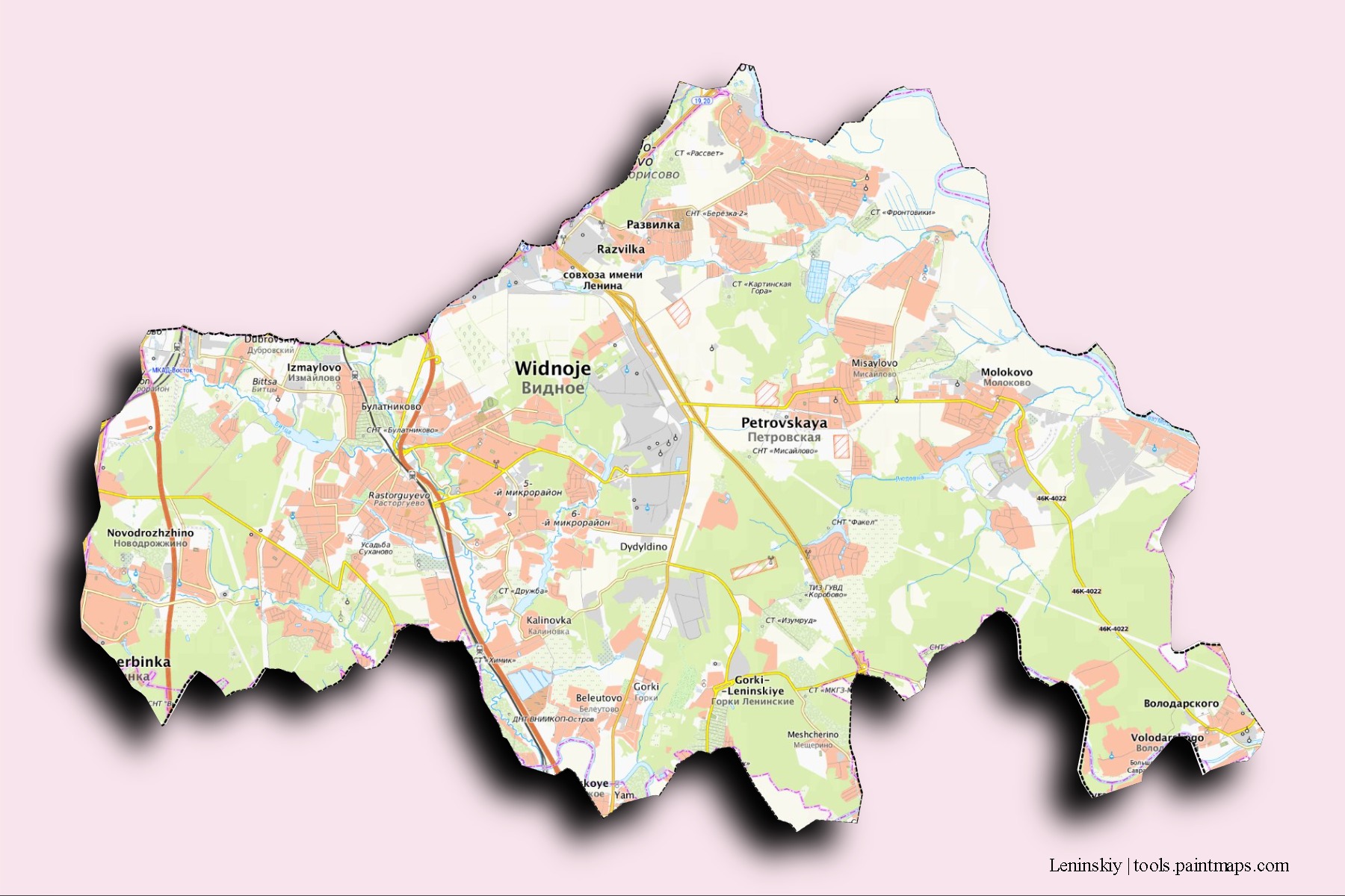 3D gölge efektli Leninskiy mahalleleri ve köyleri haritası