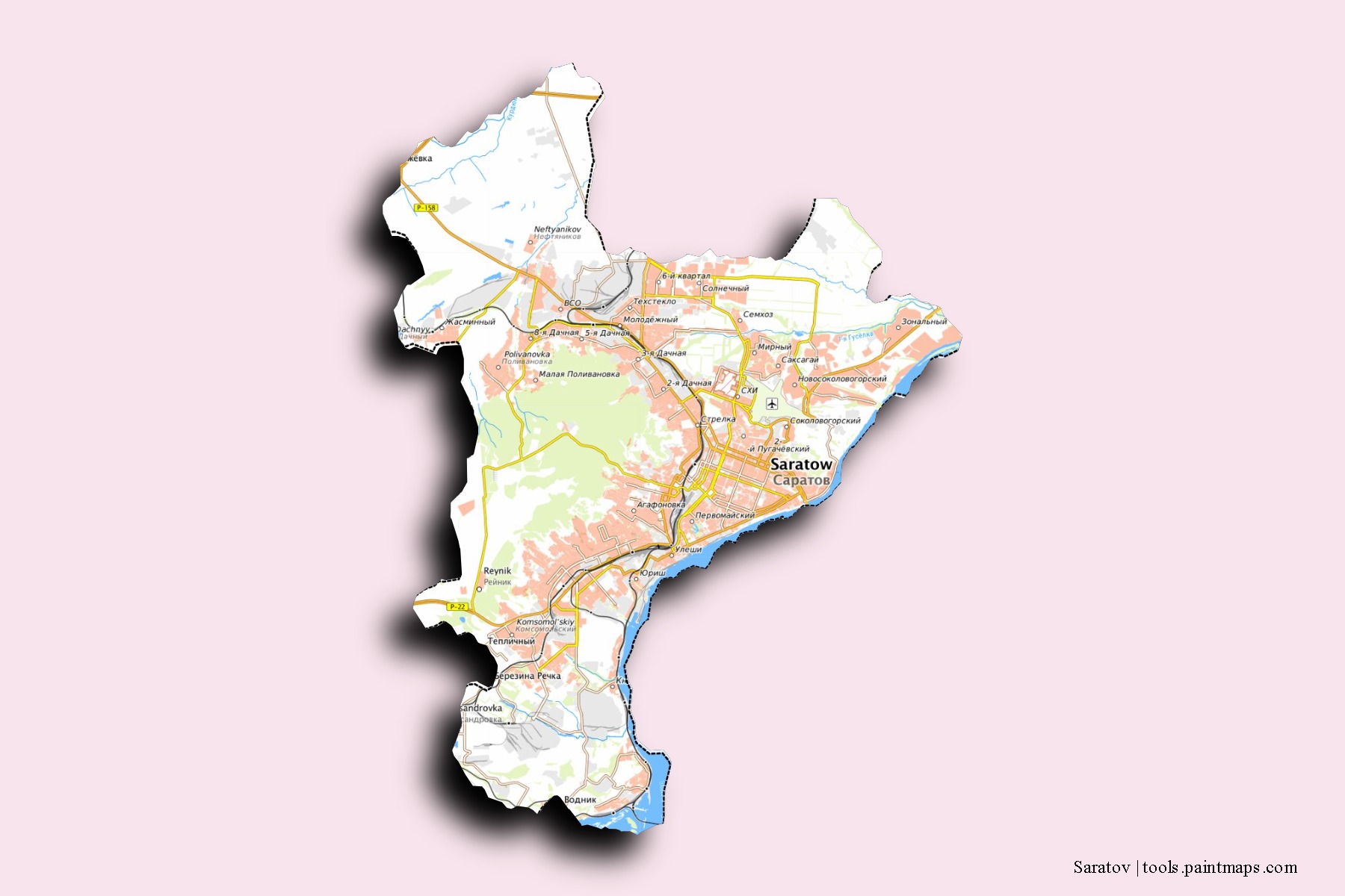 Saratov neighborhoods and villages map with 3D shadow effect