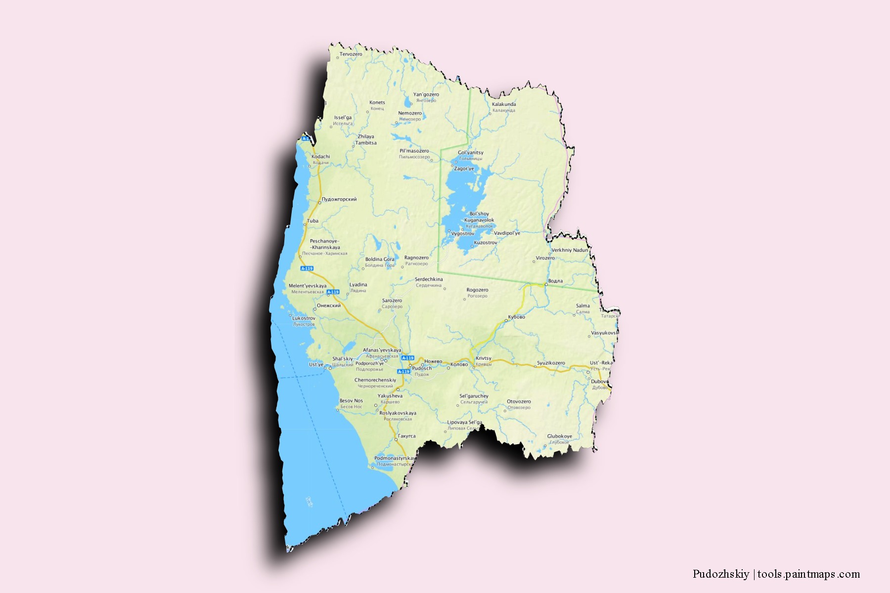 Mapa de barrios y pueblos de Pudozhskiy con efecto de sombra 3D