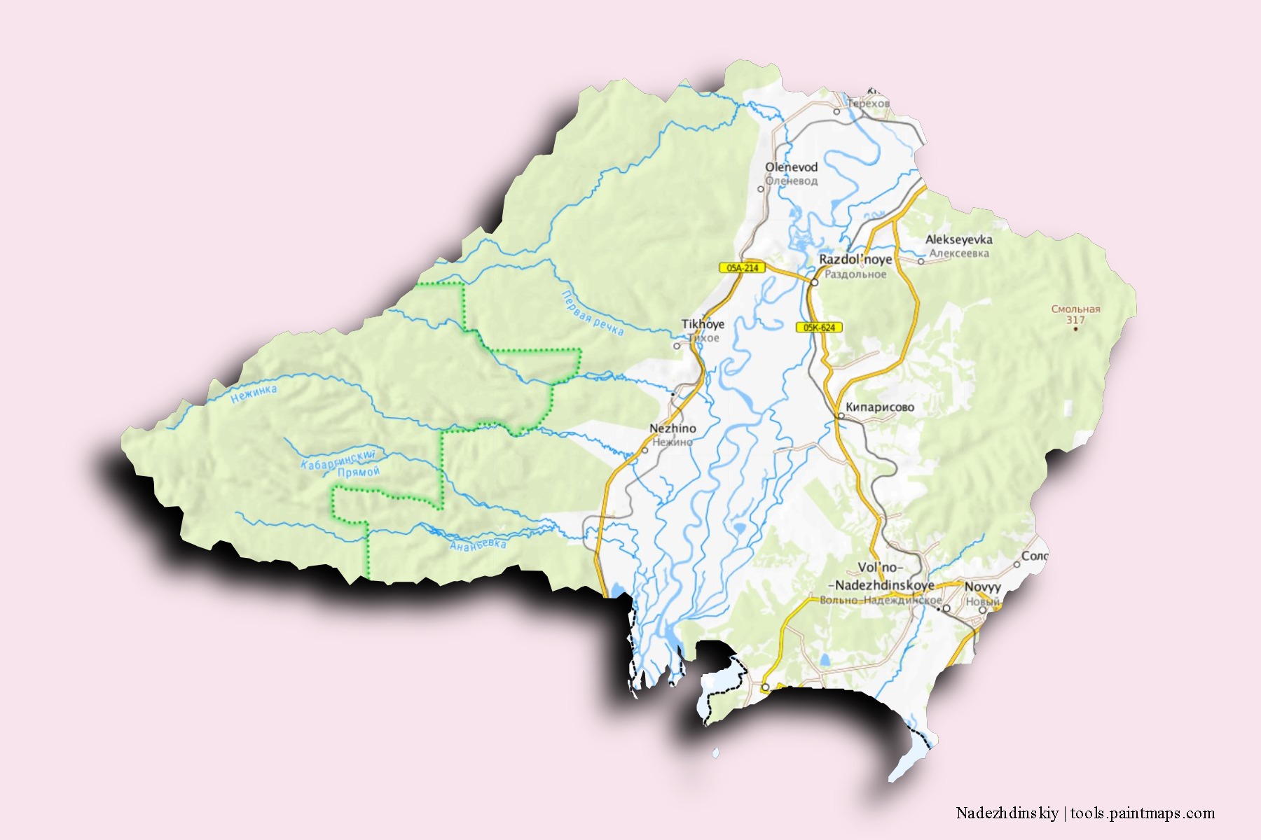 Mapa de barrios y pueblos de Nadezhdinskiy con efecto de sombra 3D