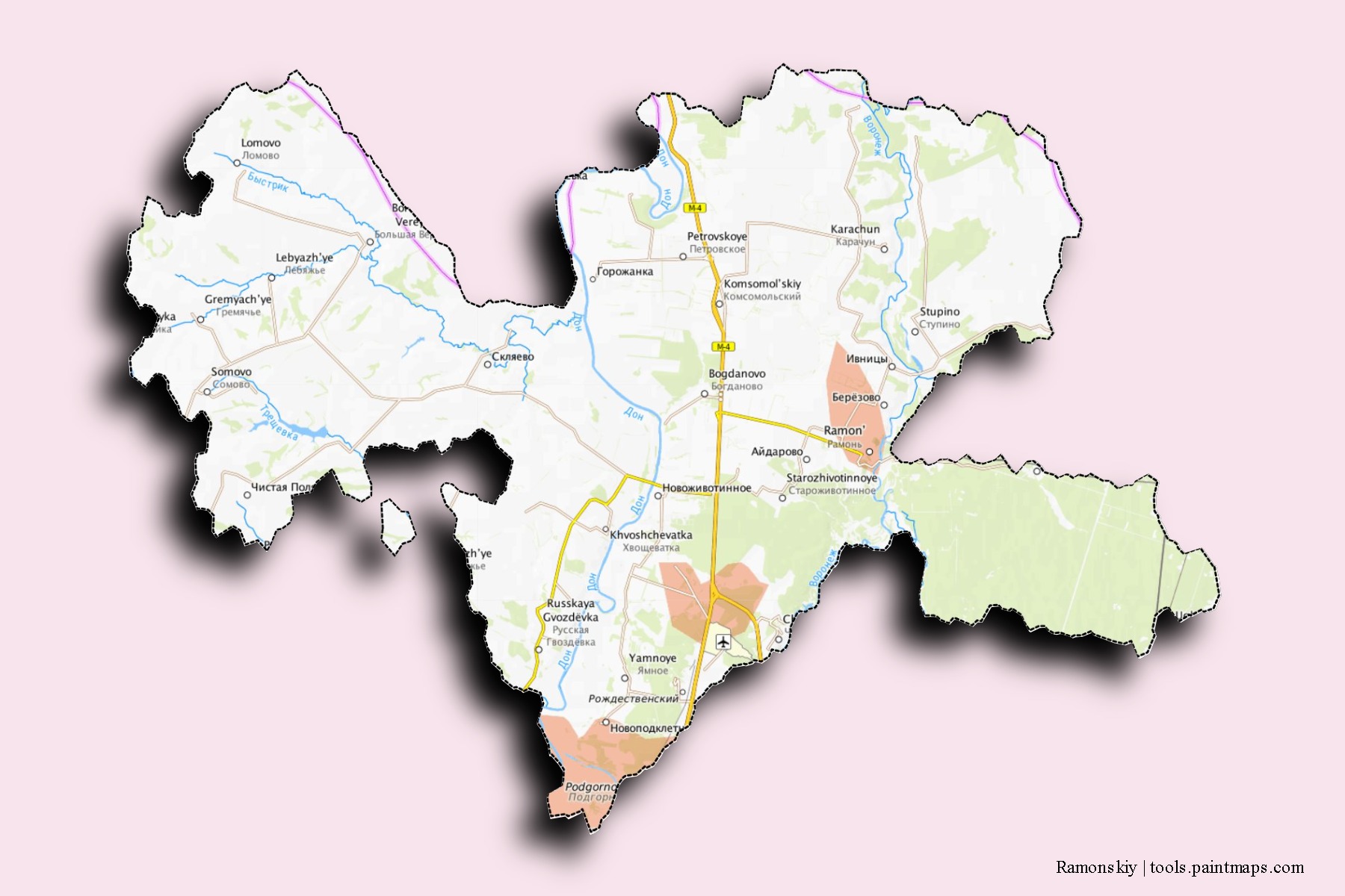 Mapa de barrios y pueblos de Ramonskiy con efecto de sombra 3D