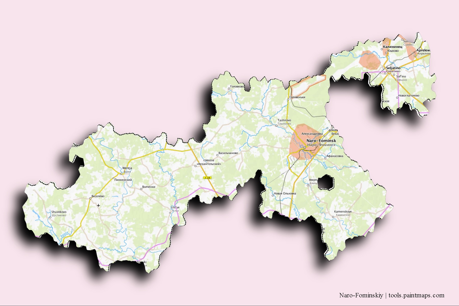 Naro-Fominskiy neighborhoods and villages map with 3D shadow effect