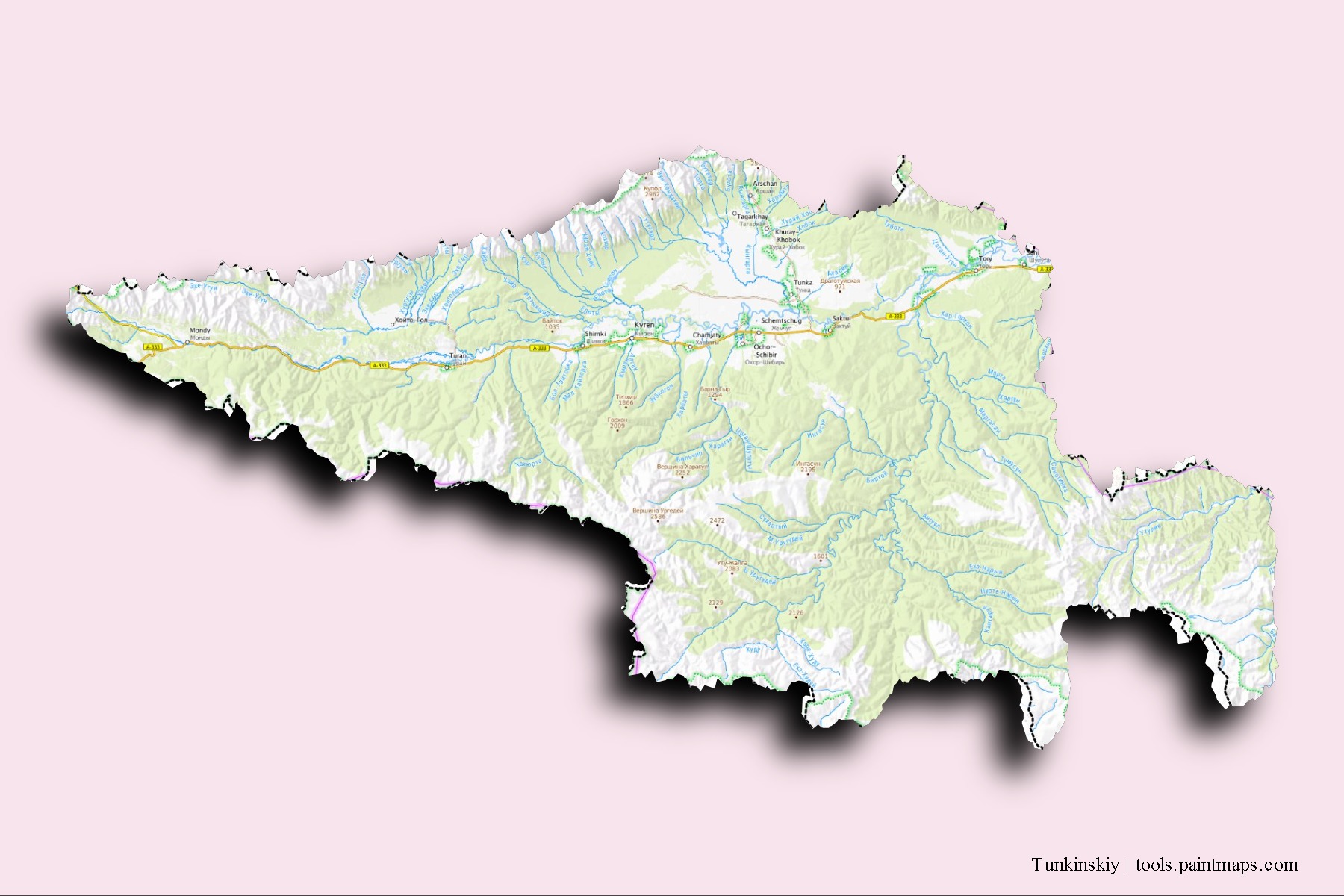 Tunkinskiy neighborhoods and villages map with 3D shadow effect