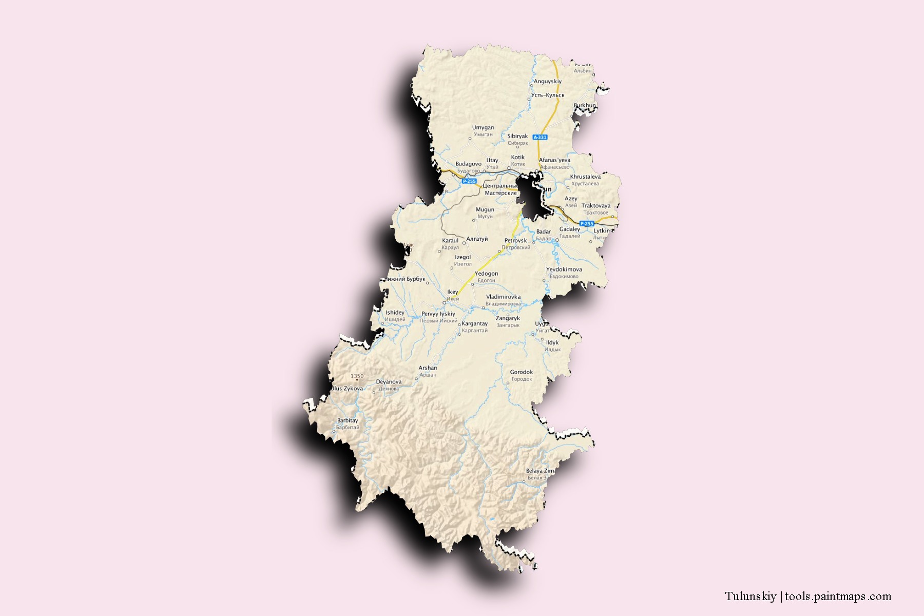 Tulunskiy neighborhoods and villages map with 3D shadow effect