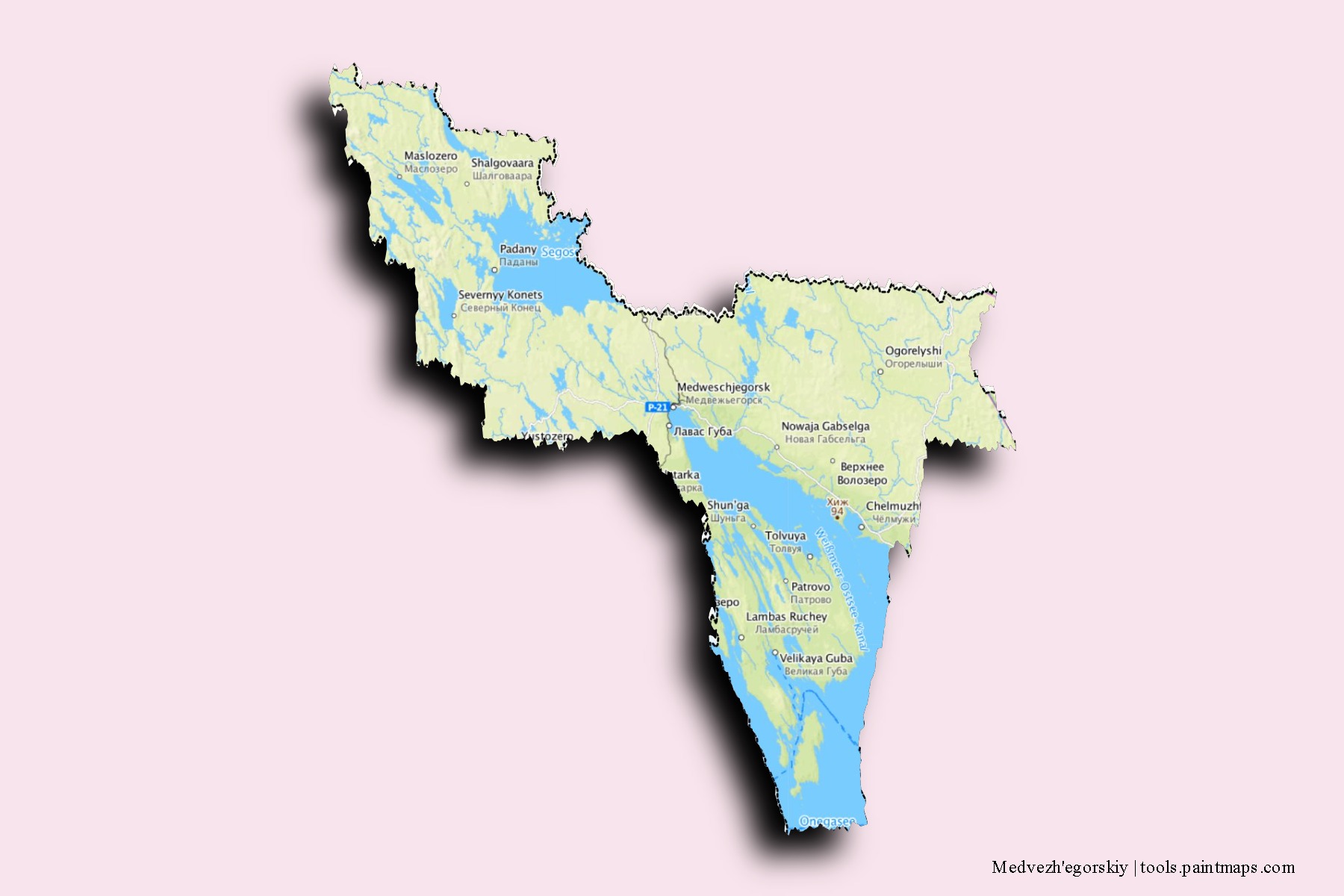 Mapa de barrios y pueblos de Medvezh'egorskiy con efecto de sombra 3D