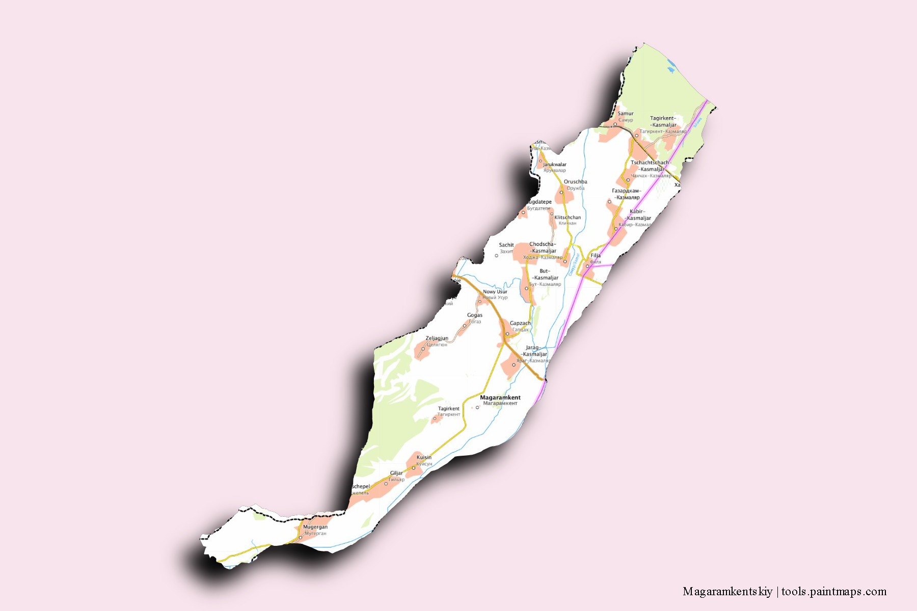 Magaramkentskiy neighborhoods and villages map with 3D shadow effect