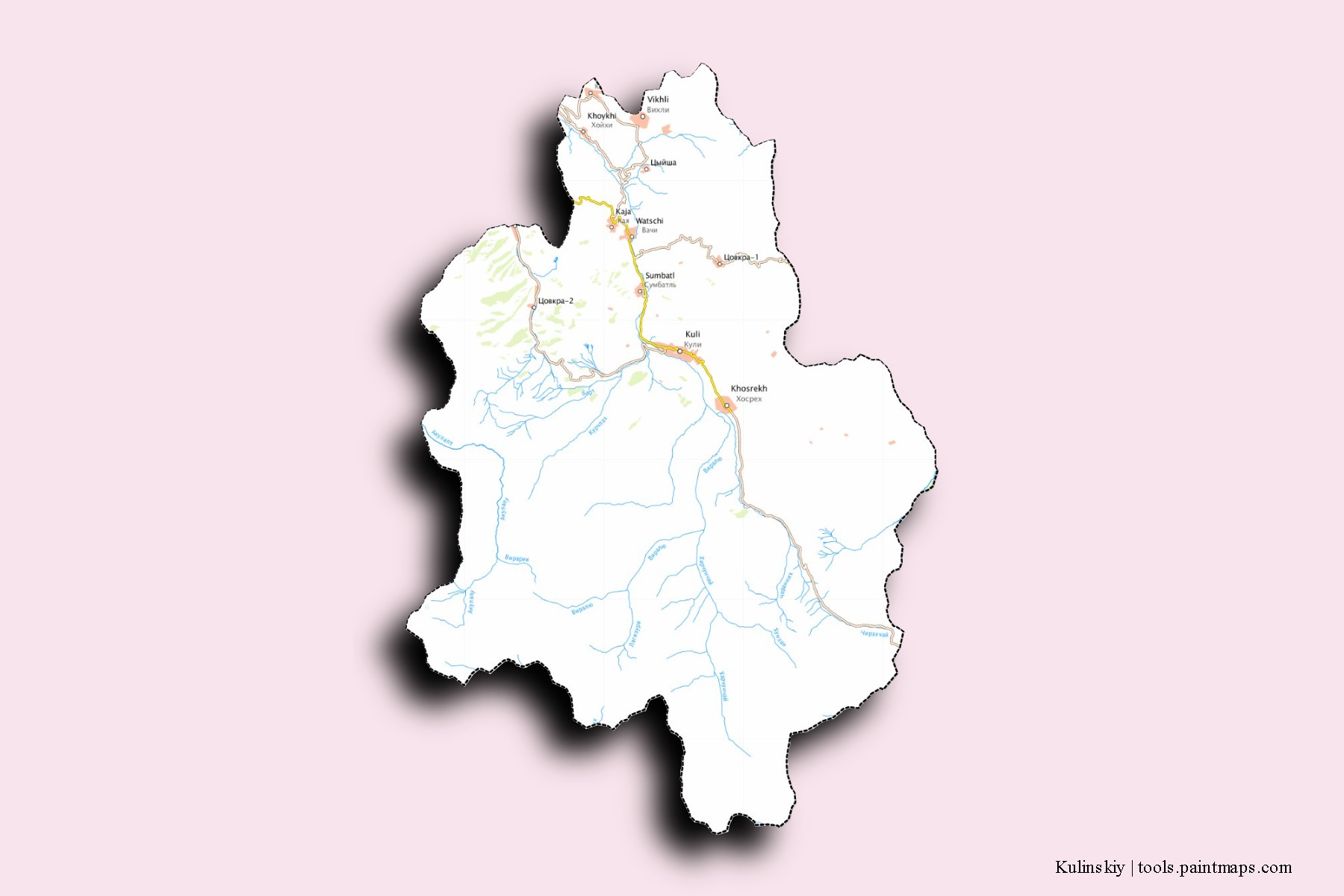 Mapa de barrios y pueblos de Kulinskiy con efecto de sombra 3D