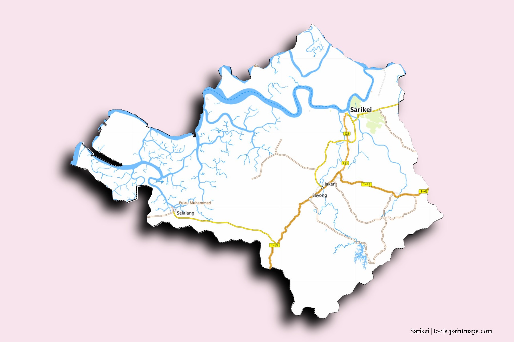 Mapa de barrios y pueblos de Sarikei con efecto de sombra 3D