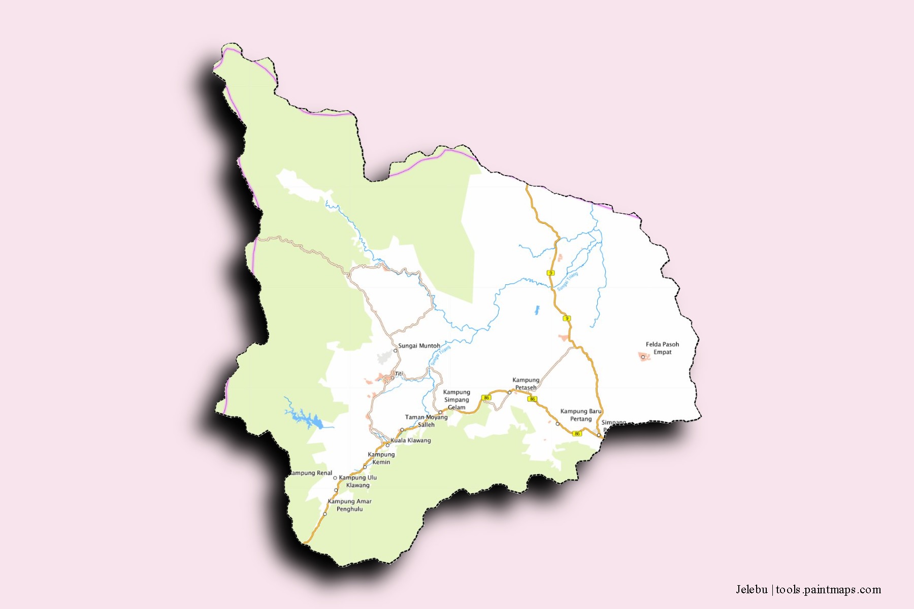 Mapa de barrios y pueblos de Jelebu con efecto de sombra 3D