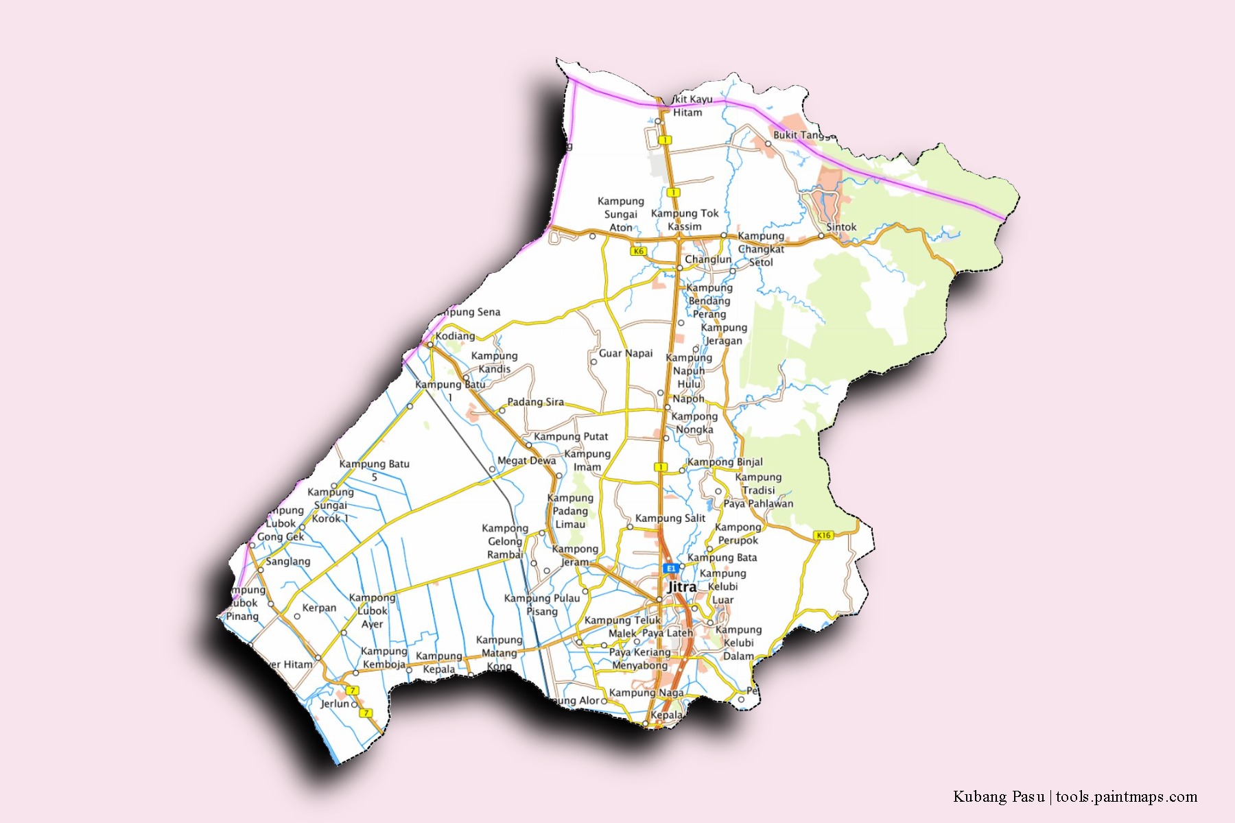 Kubang Pasu neighborhoods and villages map with 3D shadow effect