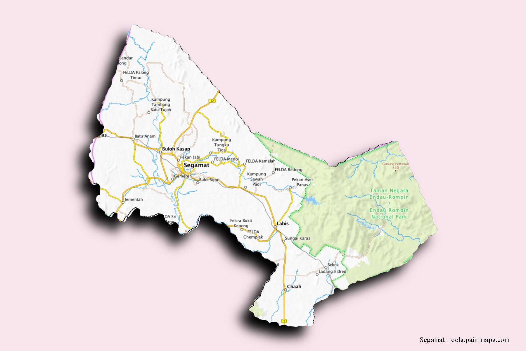 Segamat neighborhoods and villages map with 3D shadow effect