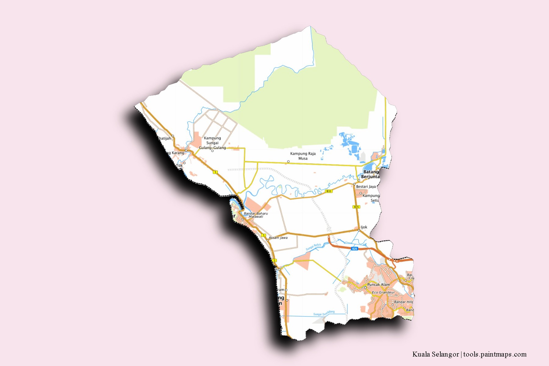 Mapa de barrios y pueblos de Kuala Selangor con efecto de sombra 3D