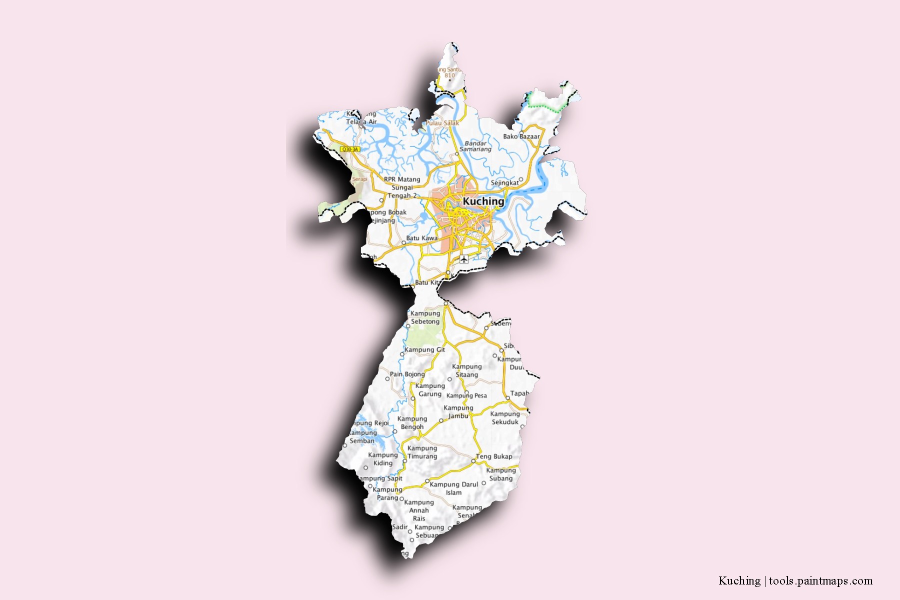 Mapa de barrios y pueblos de Kuching con efecto de sombra 3D