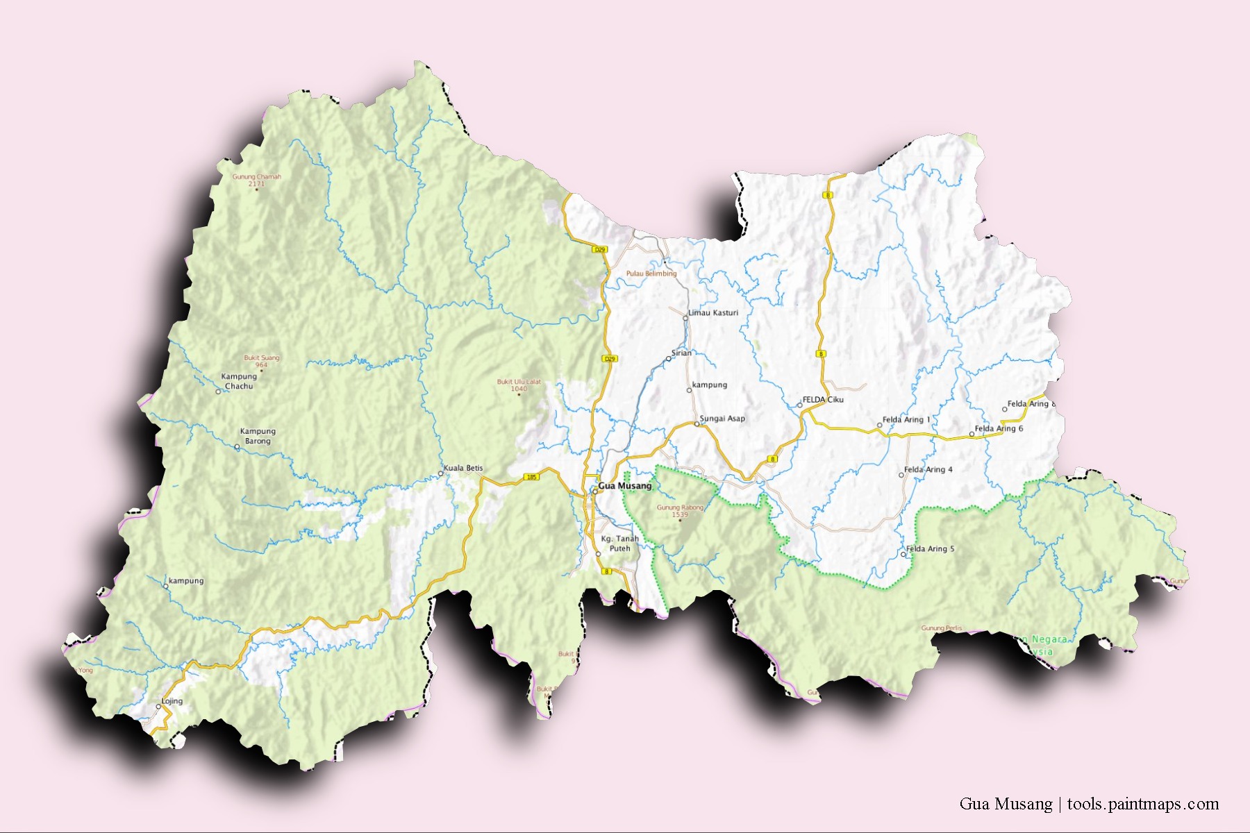 Mapa de barrios y pueblos de Gua Musang con efecto de sombra 3D