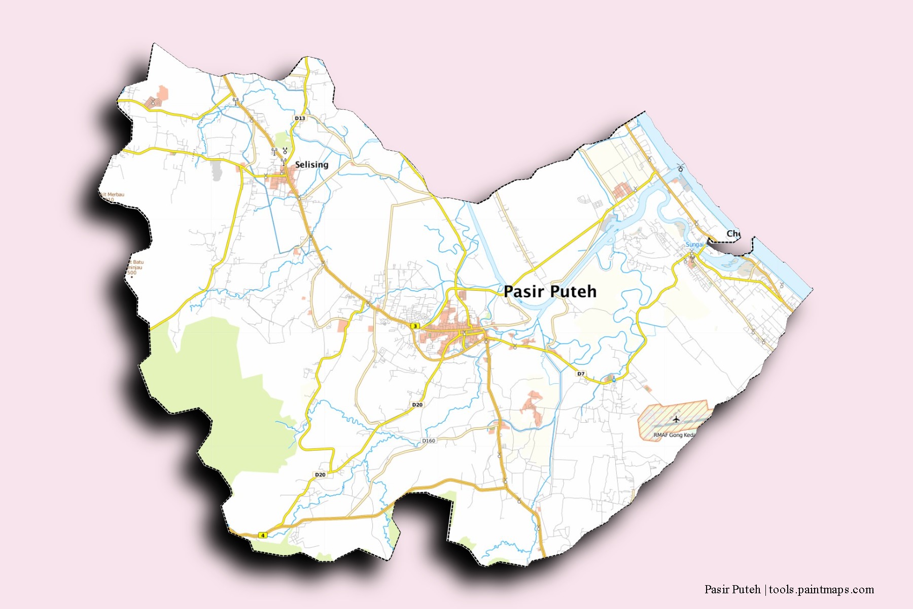 Mapa de barrios y pueblos de Pasir Puteh con efecto de sombra 3D