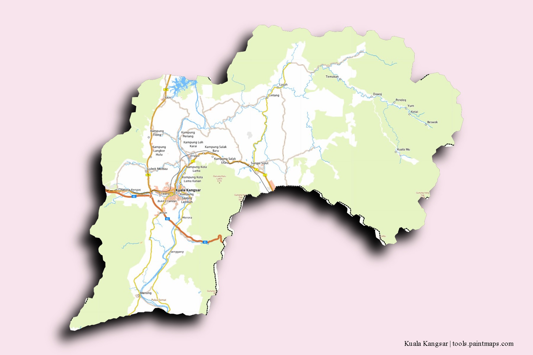 Mapa de barrios y pueblos de Kuala Kangsar con efecto de sombra 3D