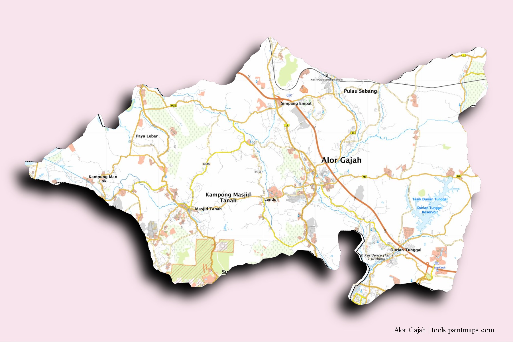 Mapa de barrios y pueblos de Alor Gajah con efecto de sombra 3D