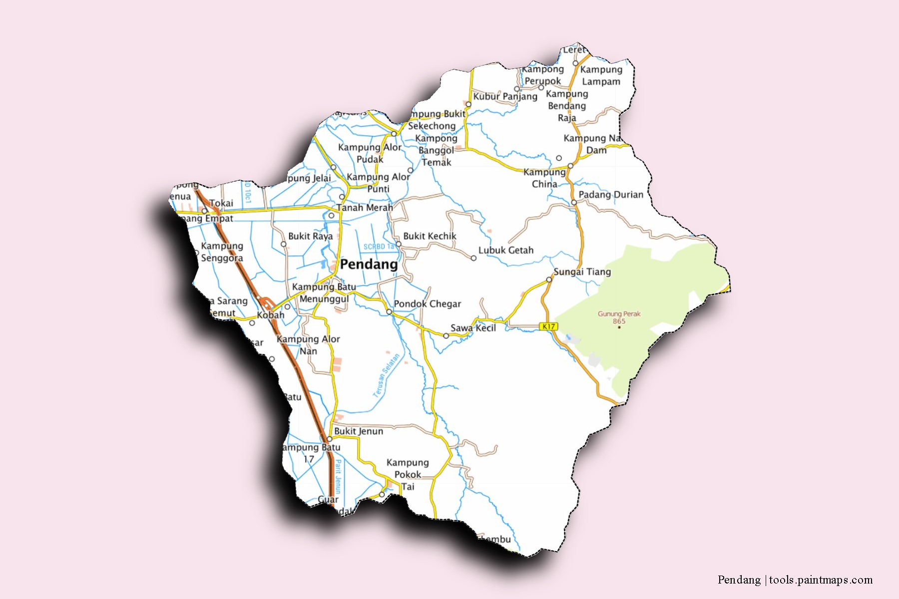 Mapa de barrios y pueblos de Pendang con efecto de sombra 3D