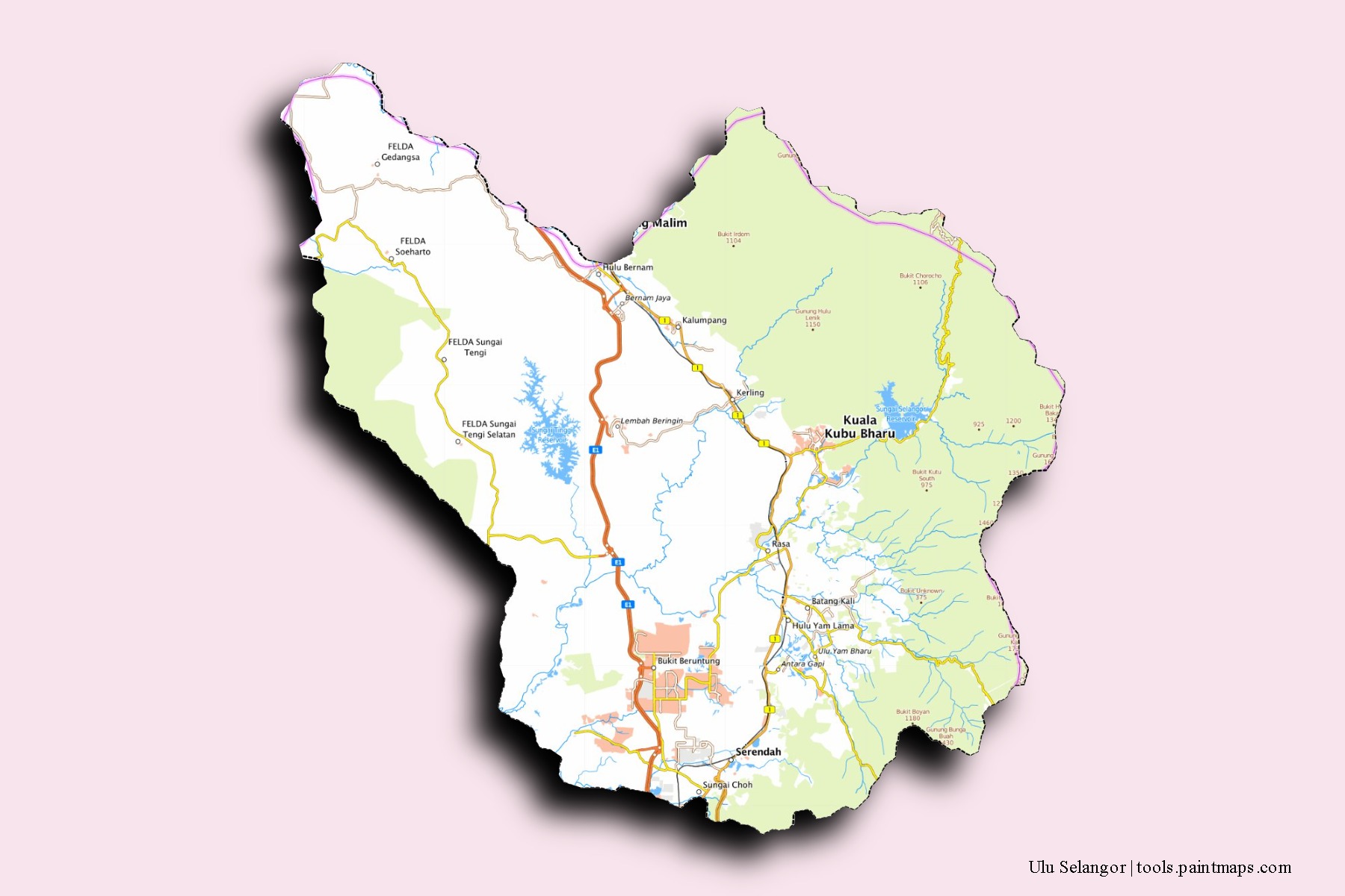 Ulu Selangor neighborhoods and villages map with 3D shadow effect