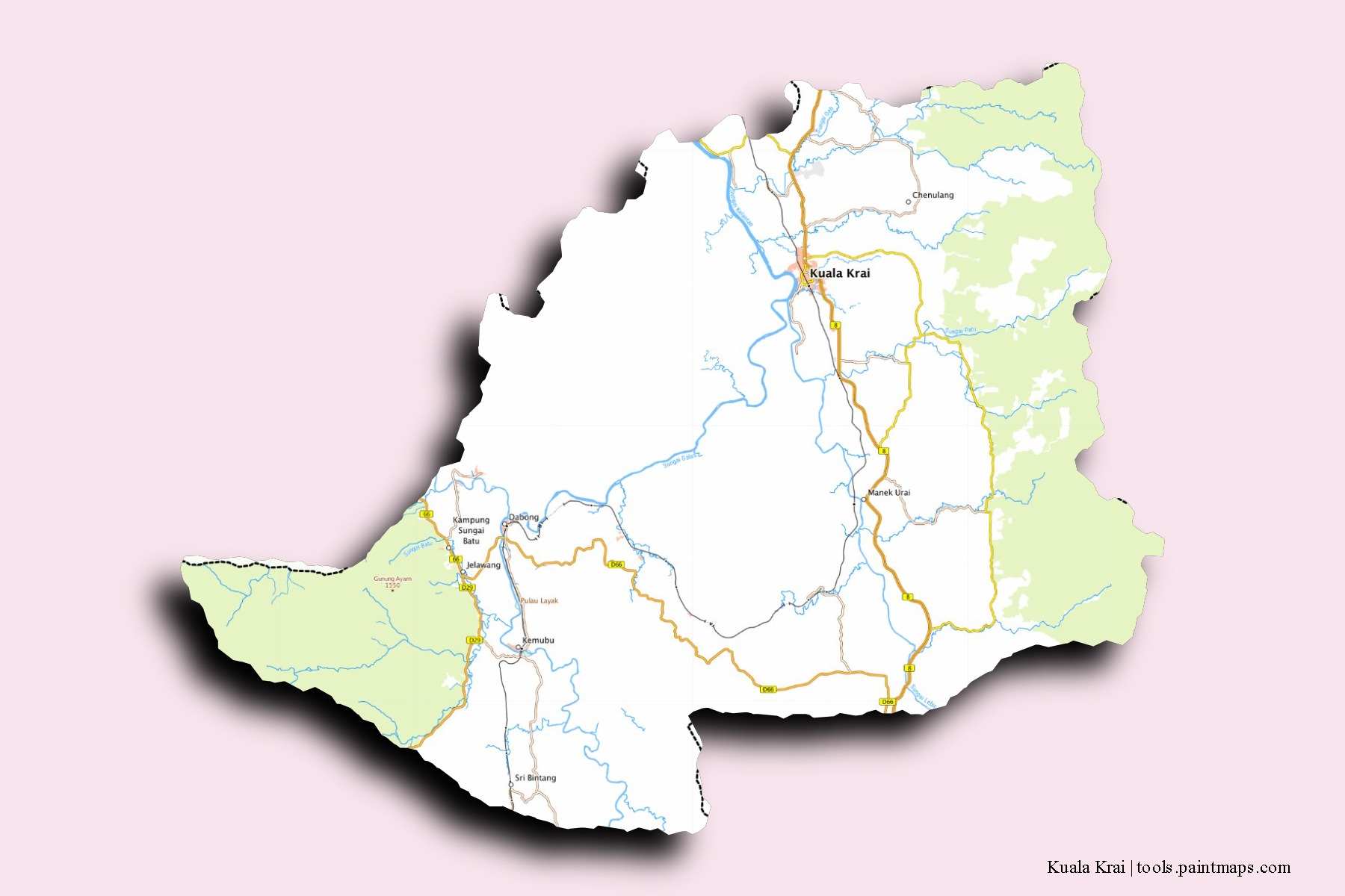 Mapa de barrios y pueblos de Kuala Krai con efecto de sombra 3D