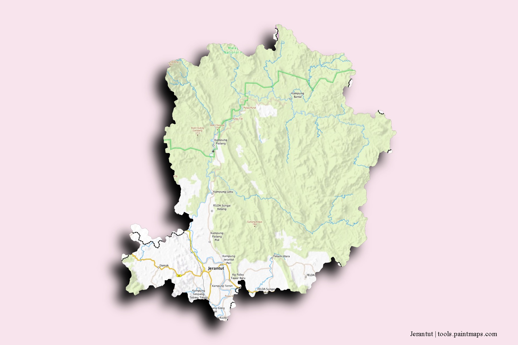 Mapa de barrios y pueblos de Jerantut con efecto de sombra 3D