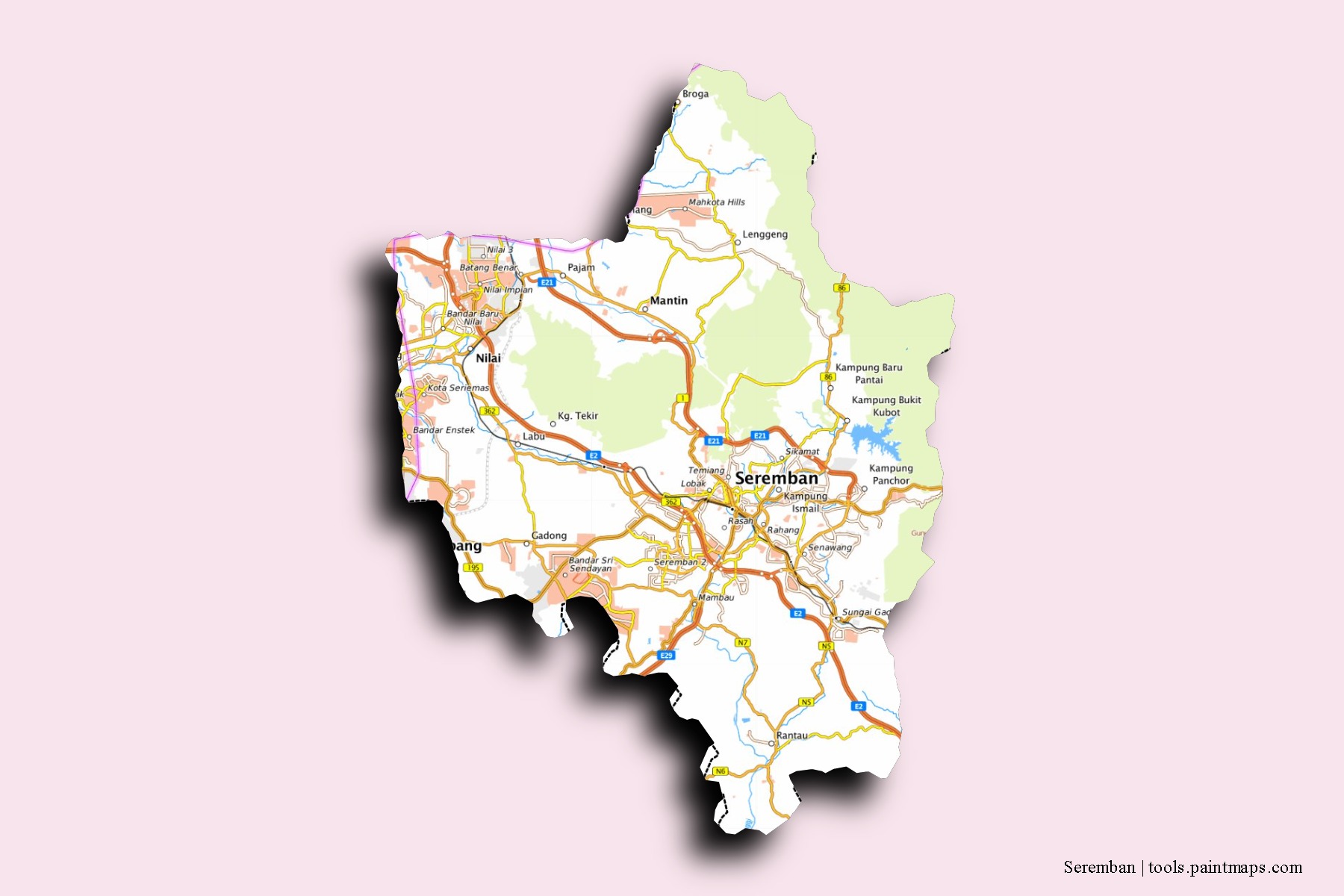 Seremban neighborhoods and villages map with 3D shadow effect