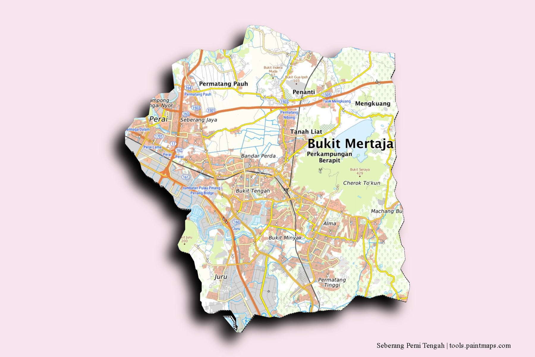 Mapa de barrios y pueblos de Seberang Perai Tengah con efecto de sombra 3D