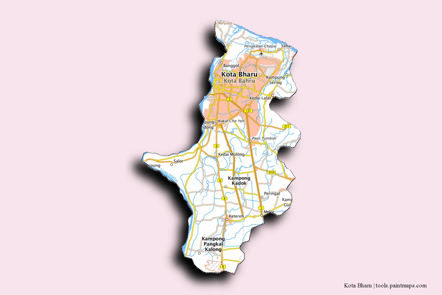 Mapa de barrios y pueblos de Kota Bharu con efecto de sombra 3D