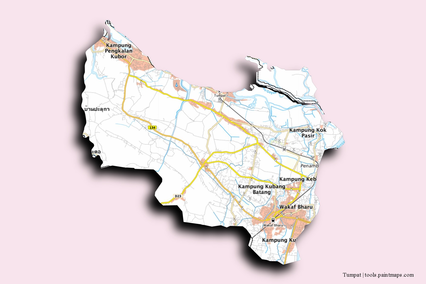 Tumpat neighborhoods and villages map with 3D shadow effect