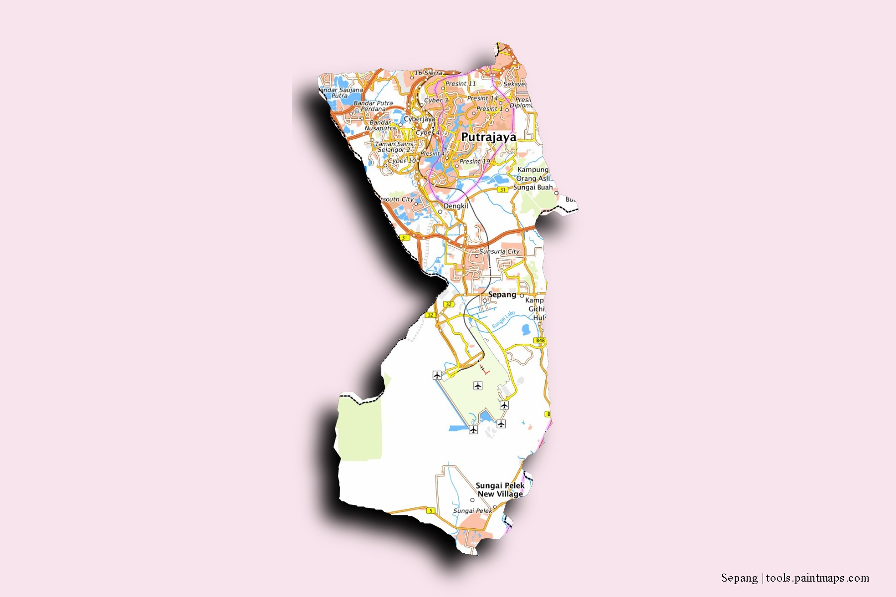 Sepang neighborhoods and villages map with 3D shadow effect