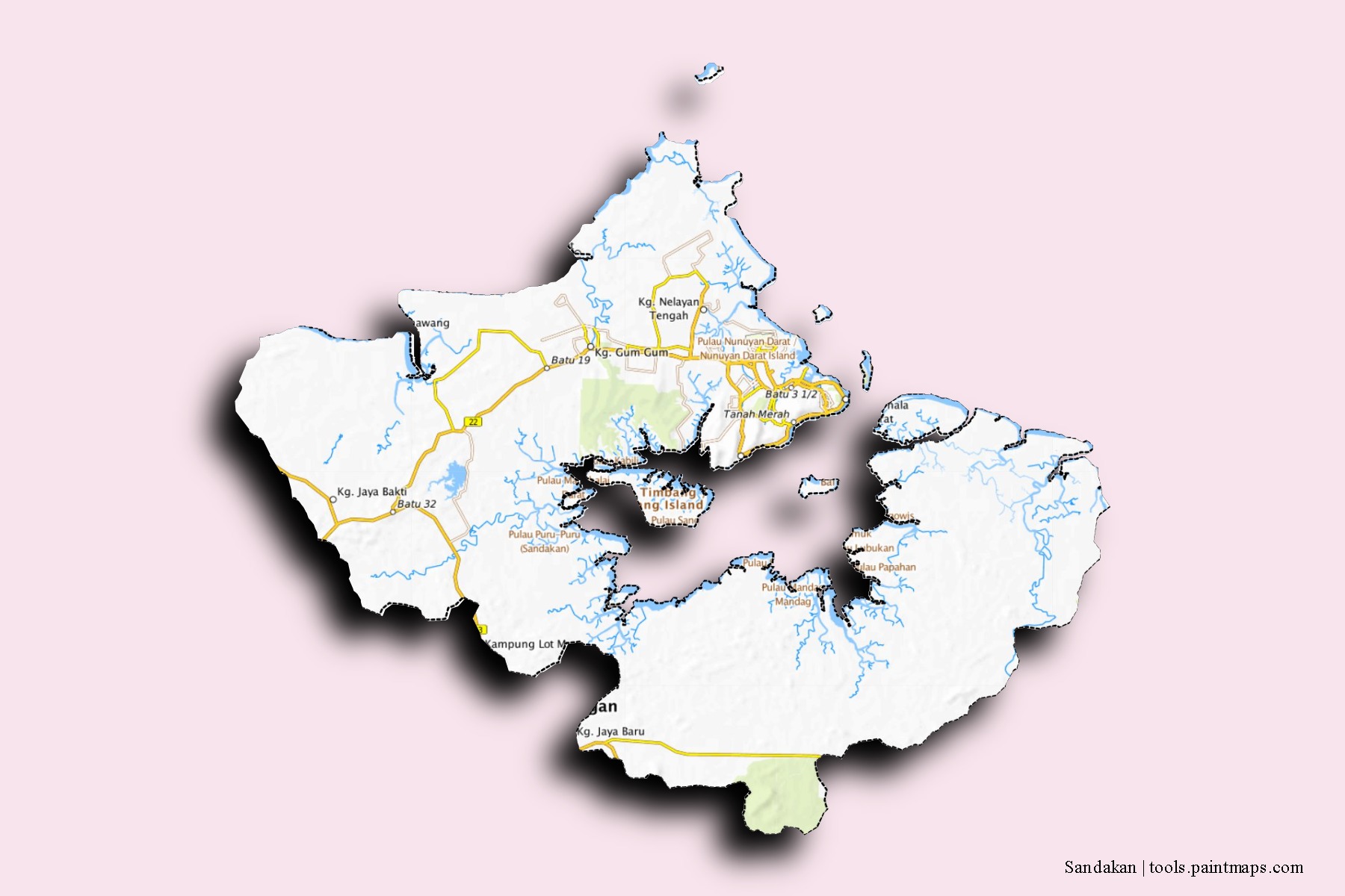 Mapa de barrios y pueblos de Sandakan con efecto de sombra 3D