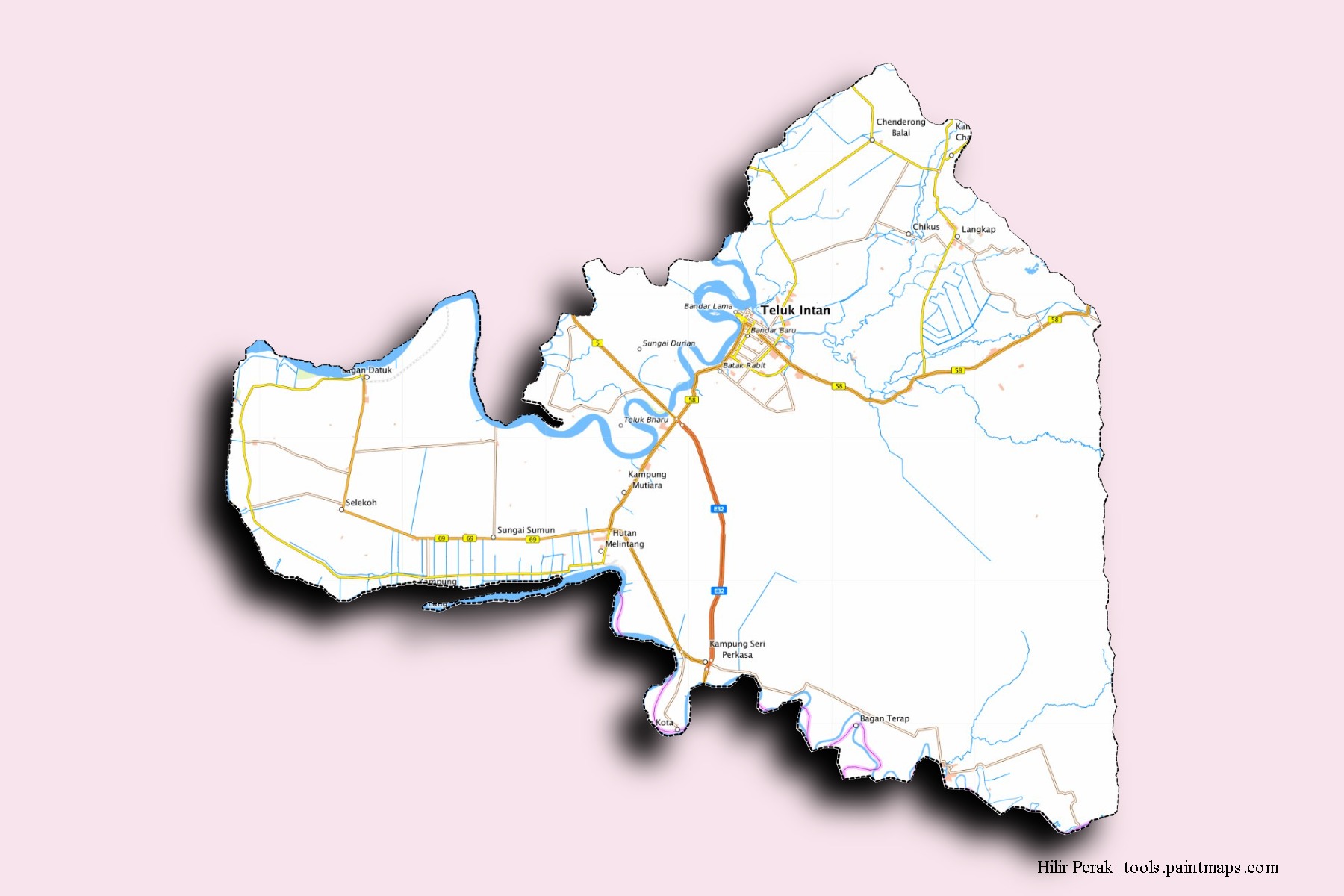 3D gölge efektli Hilir Perak mahalleleri ve köyleri haritası