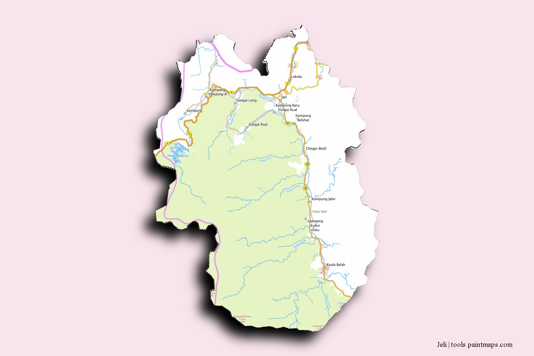 Jeli neighborhoods and villages map with 3D shadow effect