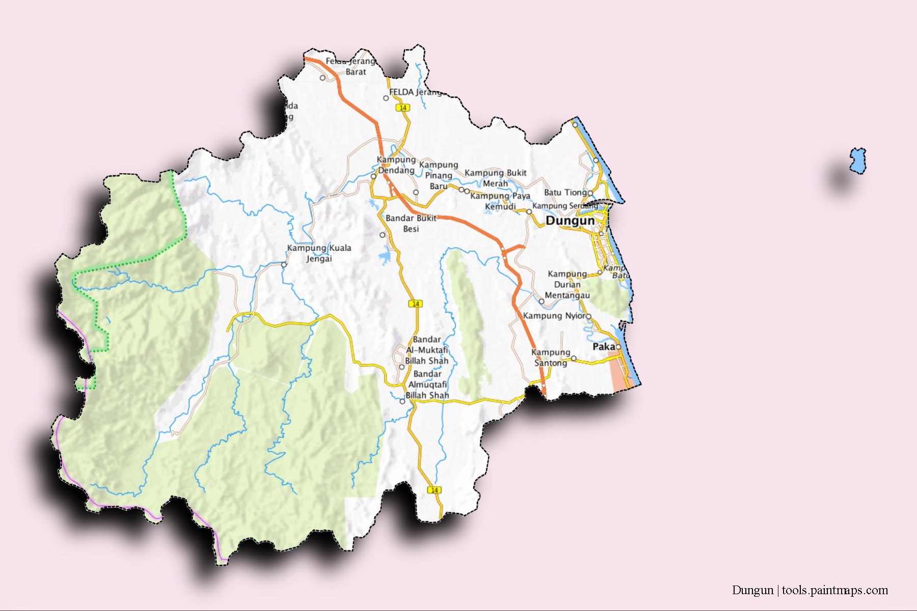 Mapa de barrios y pueblos de Dungun con efecto de sombra 3D