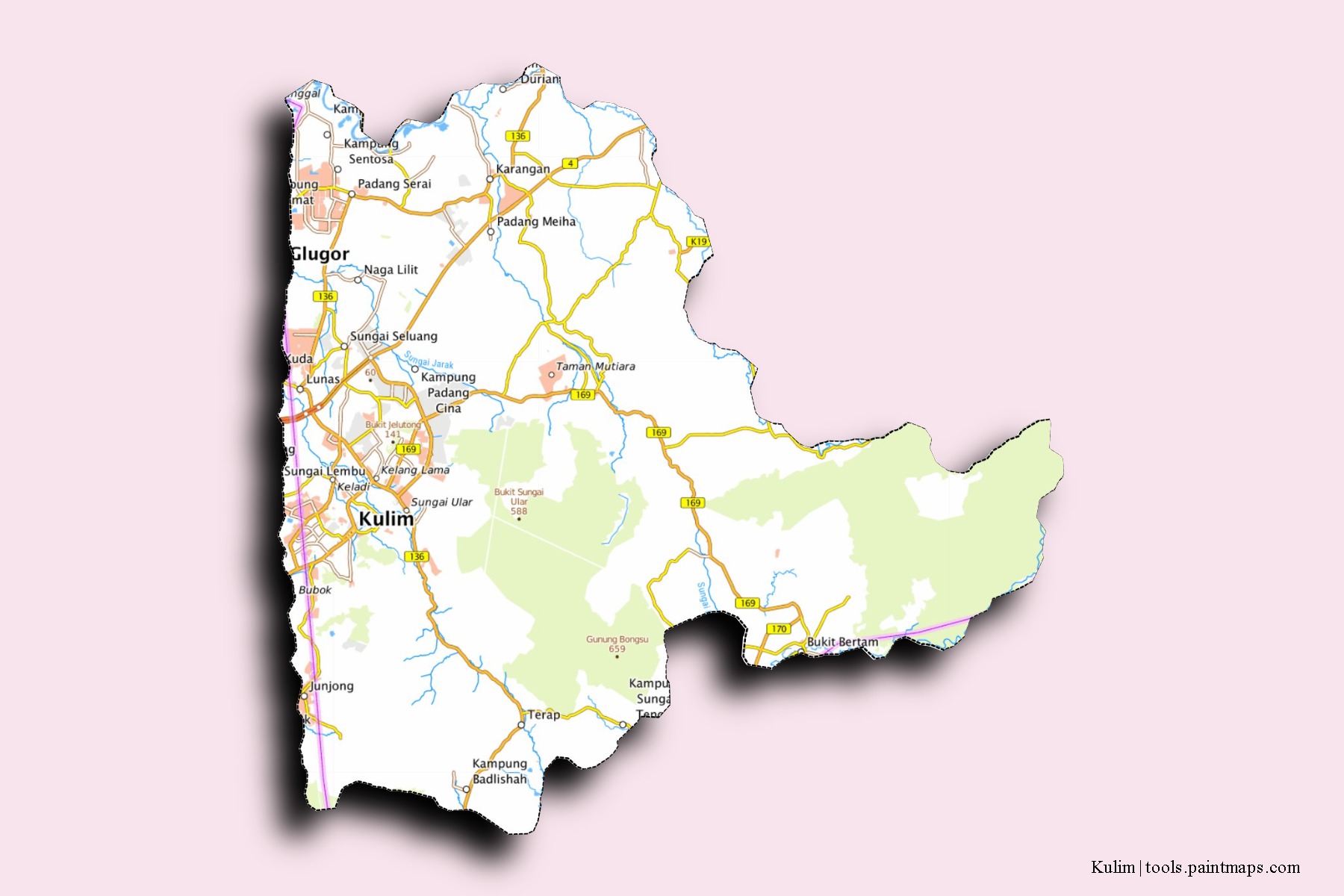 Mapa de barrios y pueblos de Kulim con efecto de sombra 3D