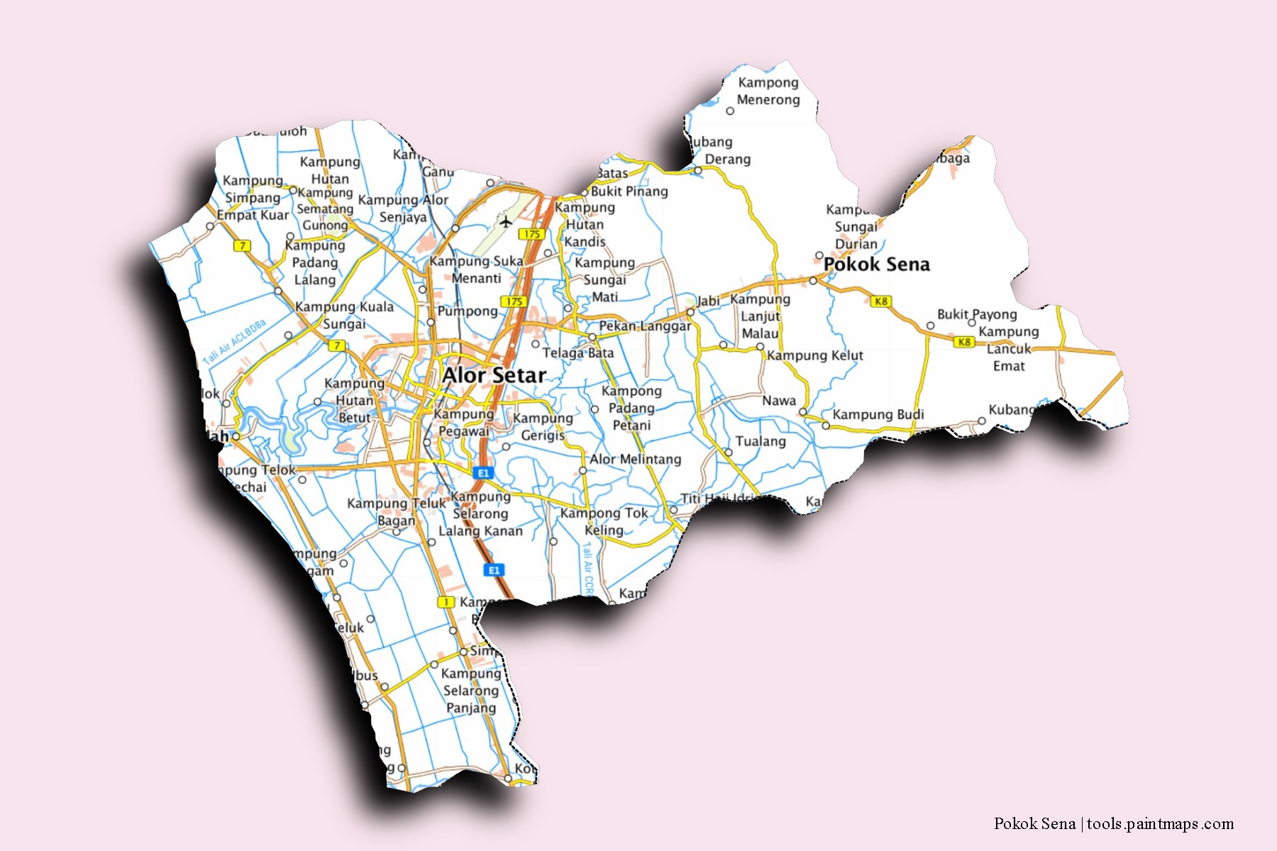 3D gölge efektli Pokok Sena mahalleleri ve köyleri haritası